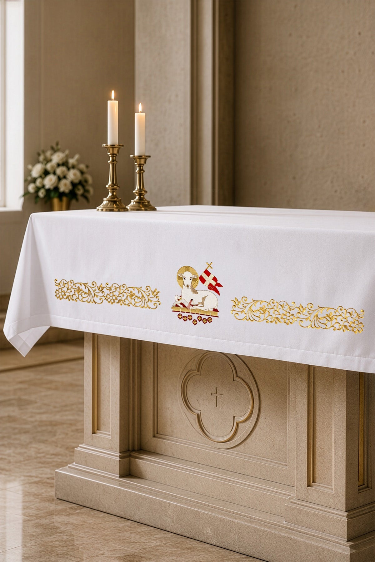 Easter Catholic Altar Cloth with Paschal Lamb Embroidery