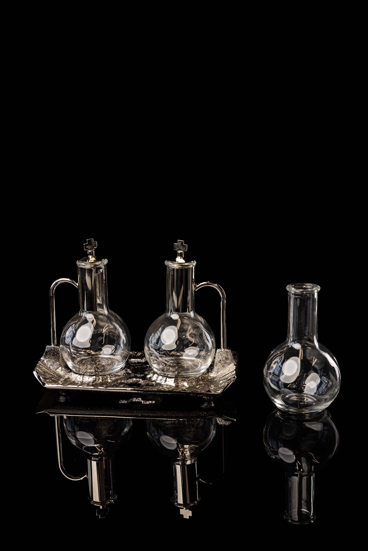 Liturgical Cruets for Wine and Water with Nickel-Plated Tray