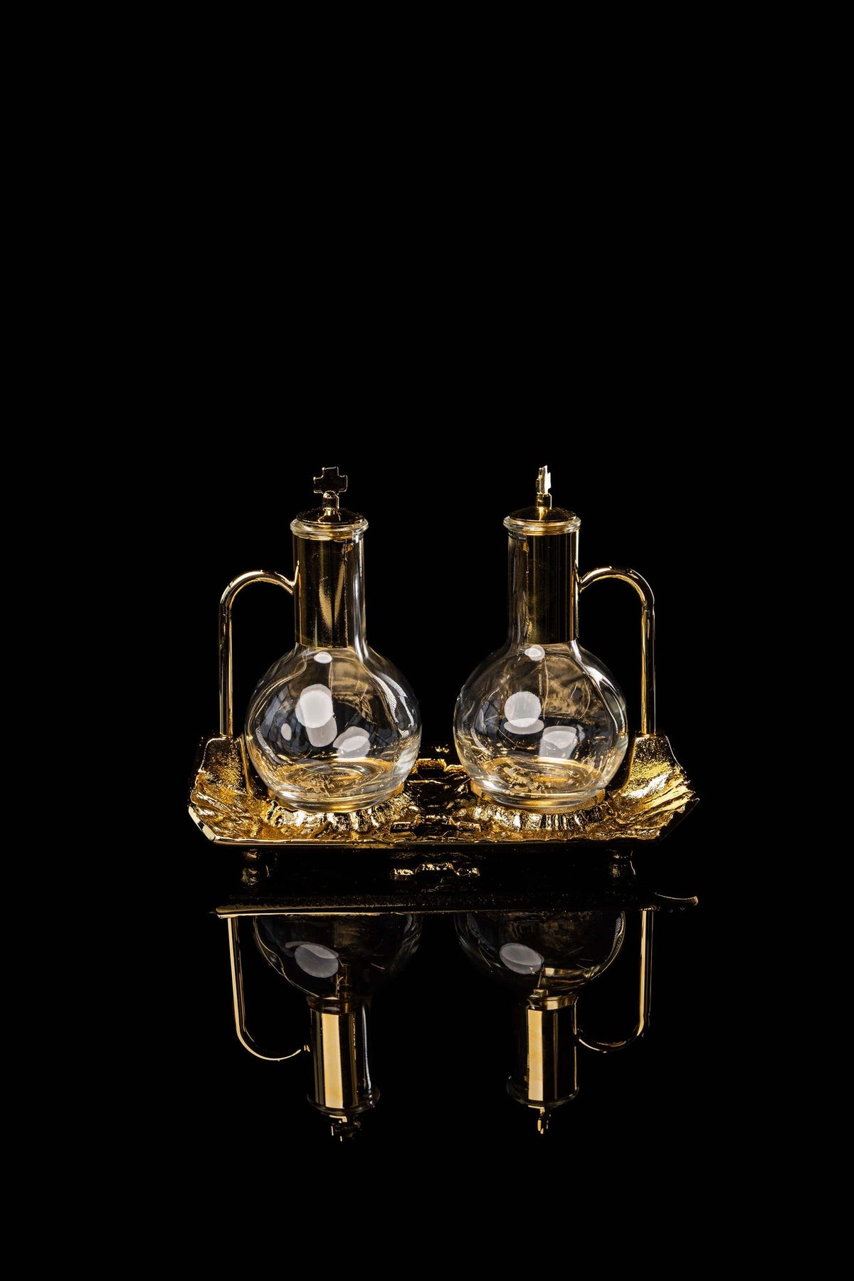 Liturgical Cruet Set for Wine and Water with Gold-Plated Tray