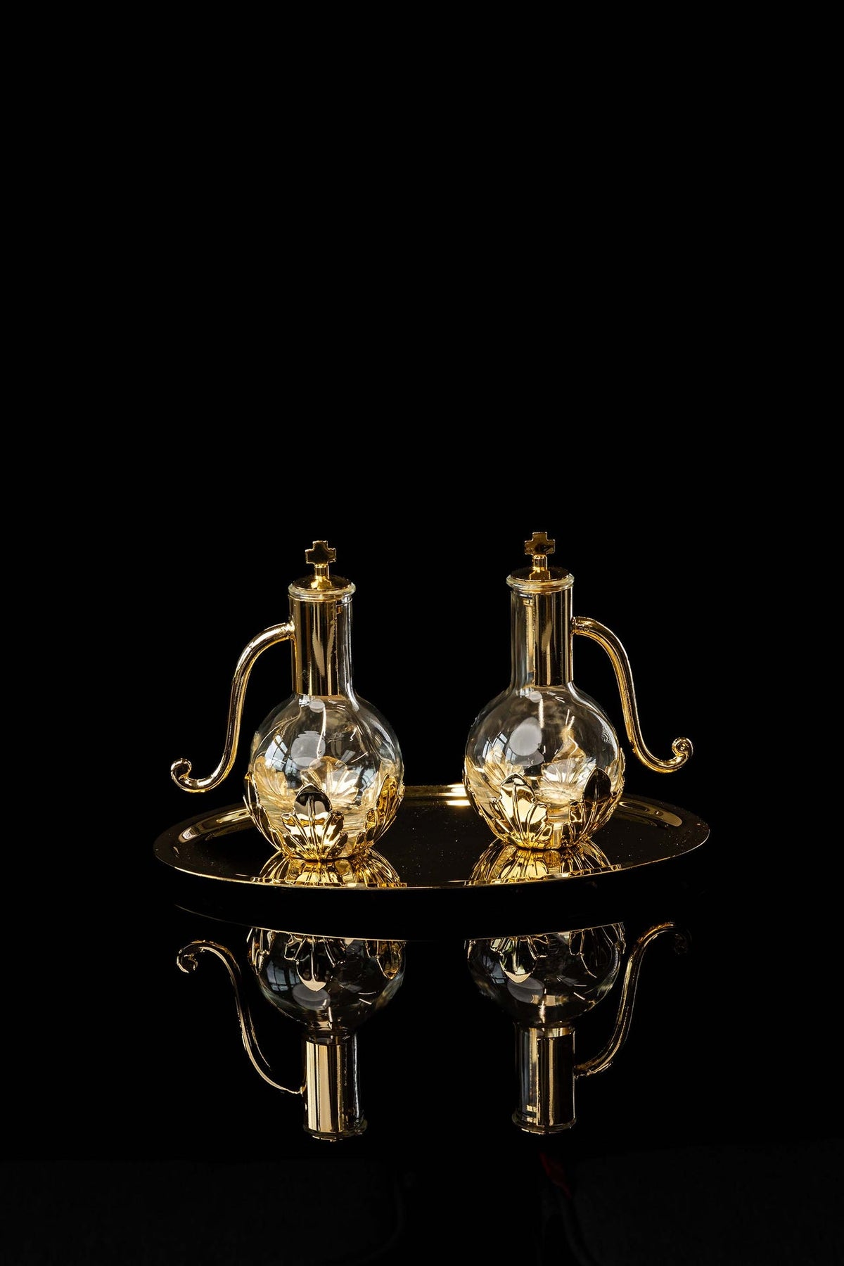 Liturgical Cruet Set for Wine and Water with Gold-Plated Brass Tray