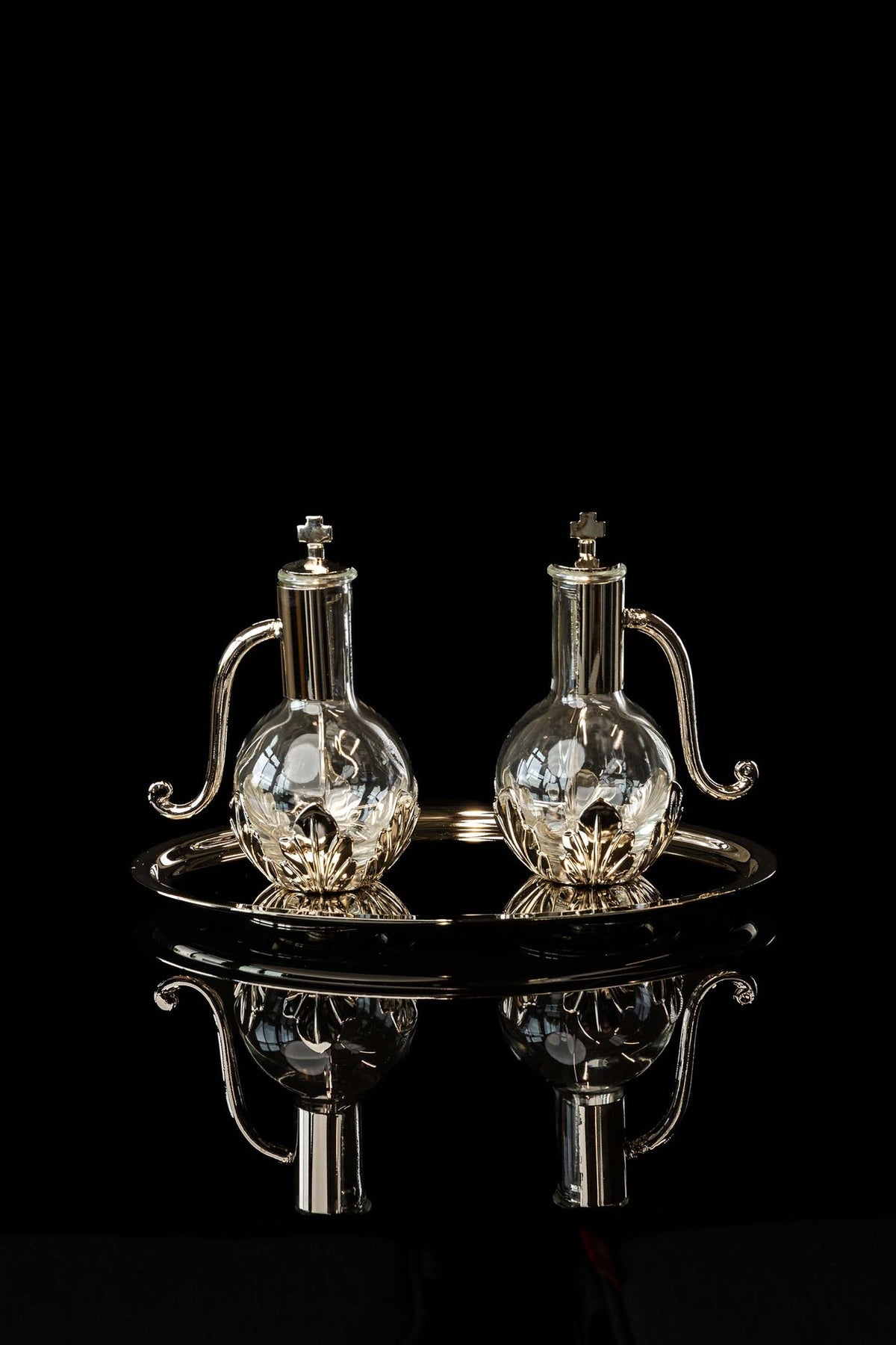 Liturgical Cruets for Wine and Water with Silver-Plated Metal Tray