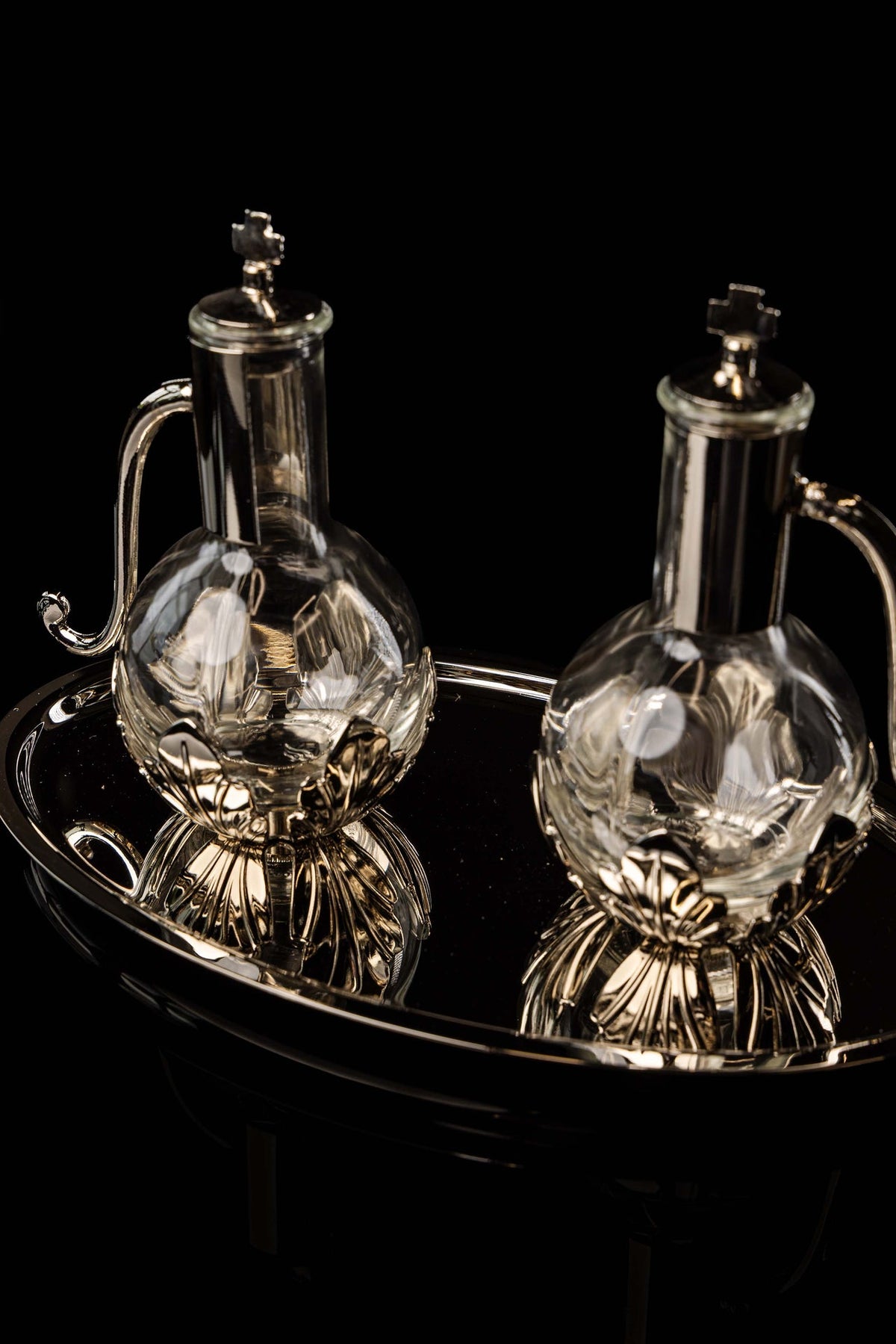 Liturgical Cruets for Wine and Water with Silver-Plated Metal Tray