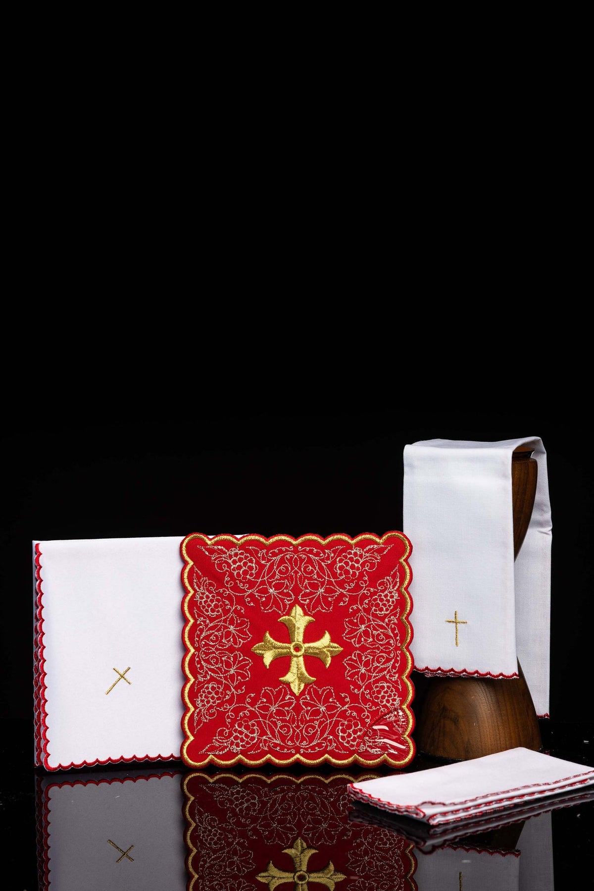 Embroidered Red Altar Linen Set with Cross Motif