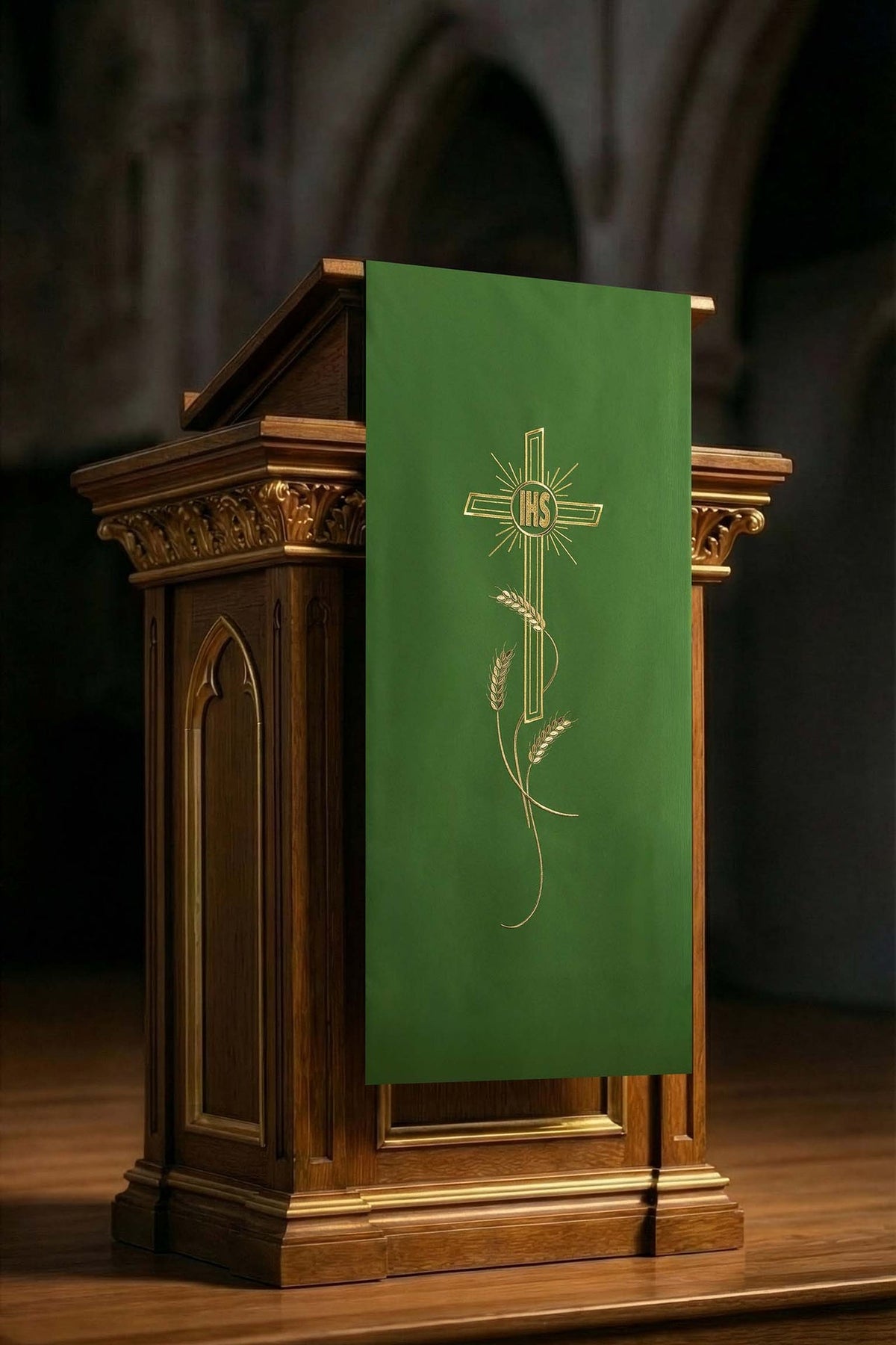 Green Church Lectern Cover with IHS Cross and Wheat Embroidery