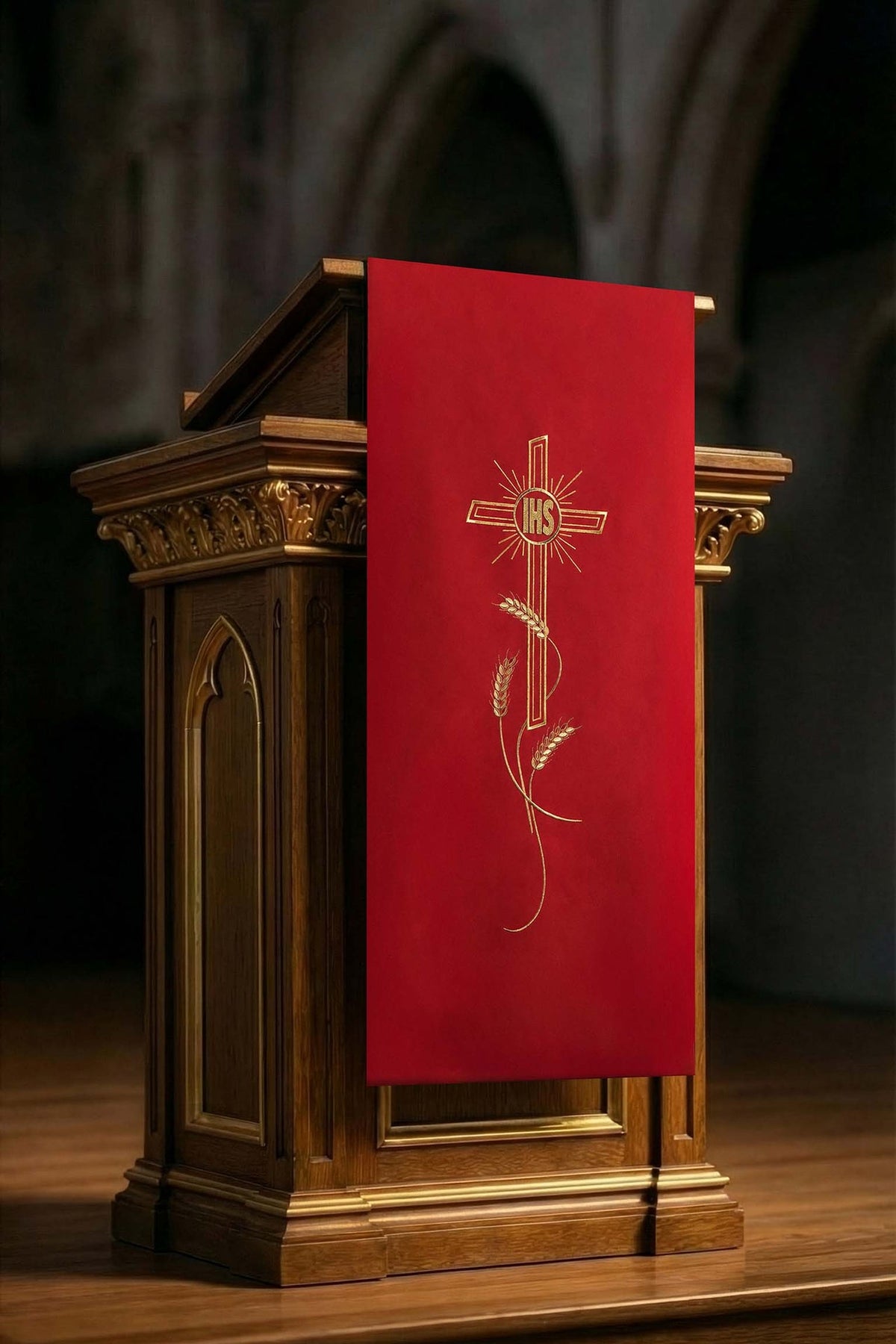 Red Church Lectern Cover with Embroidered Cross and IHS Monogram