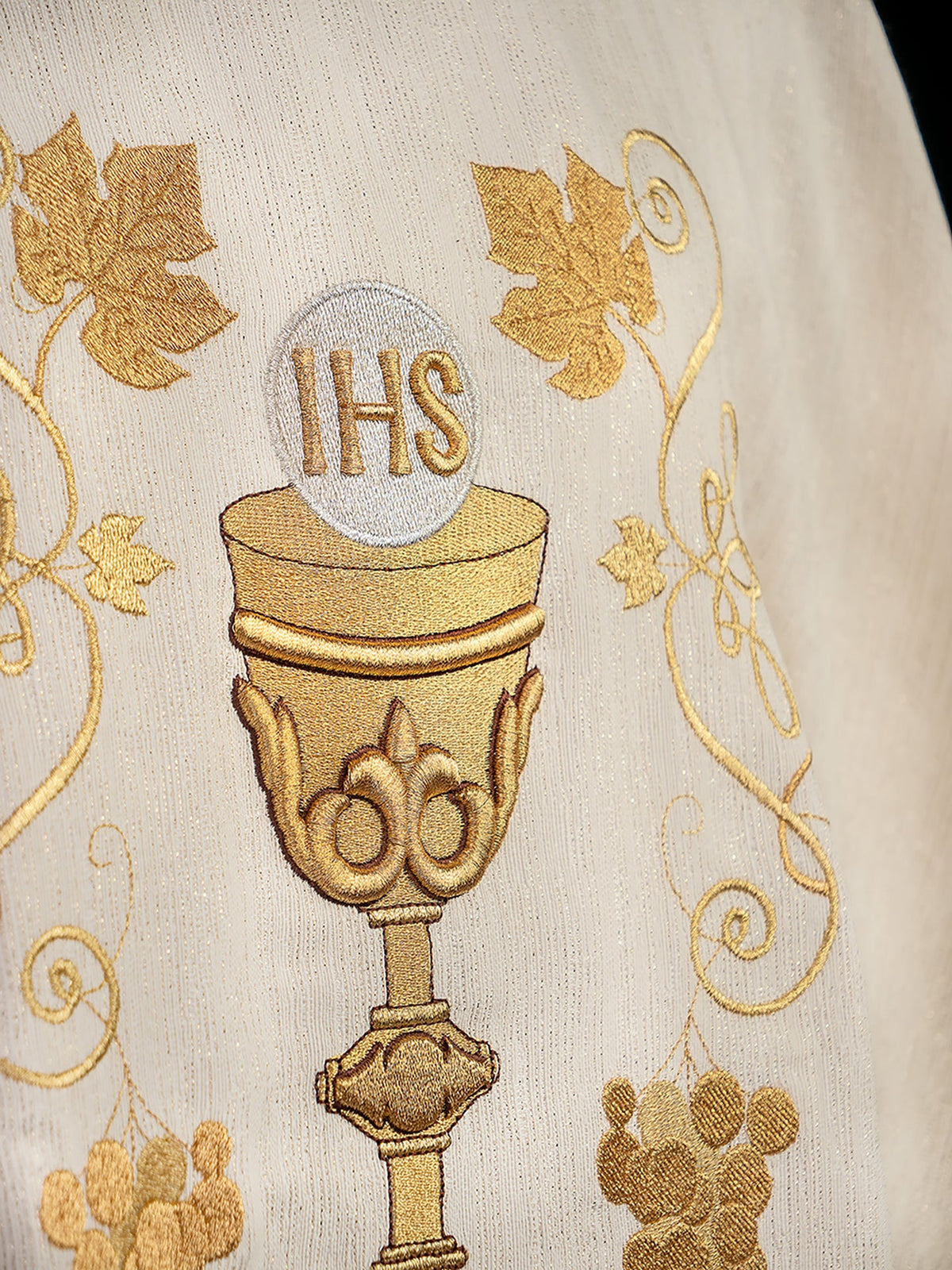 Ecru Embroidered Chasuble with Chalice and Vine Symbol
