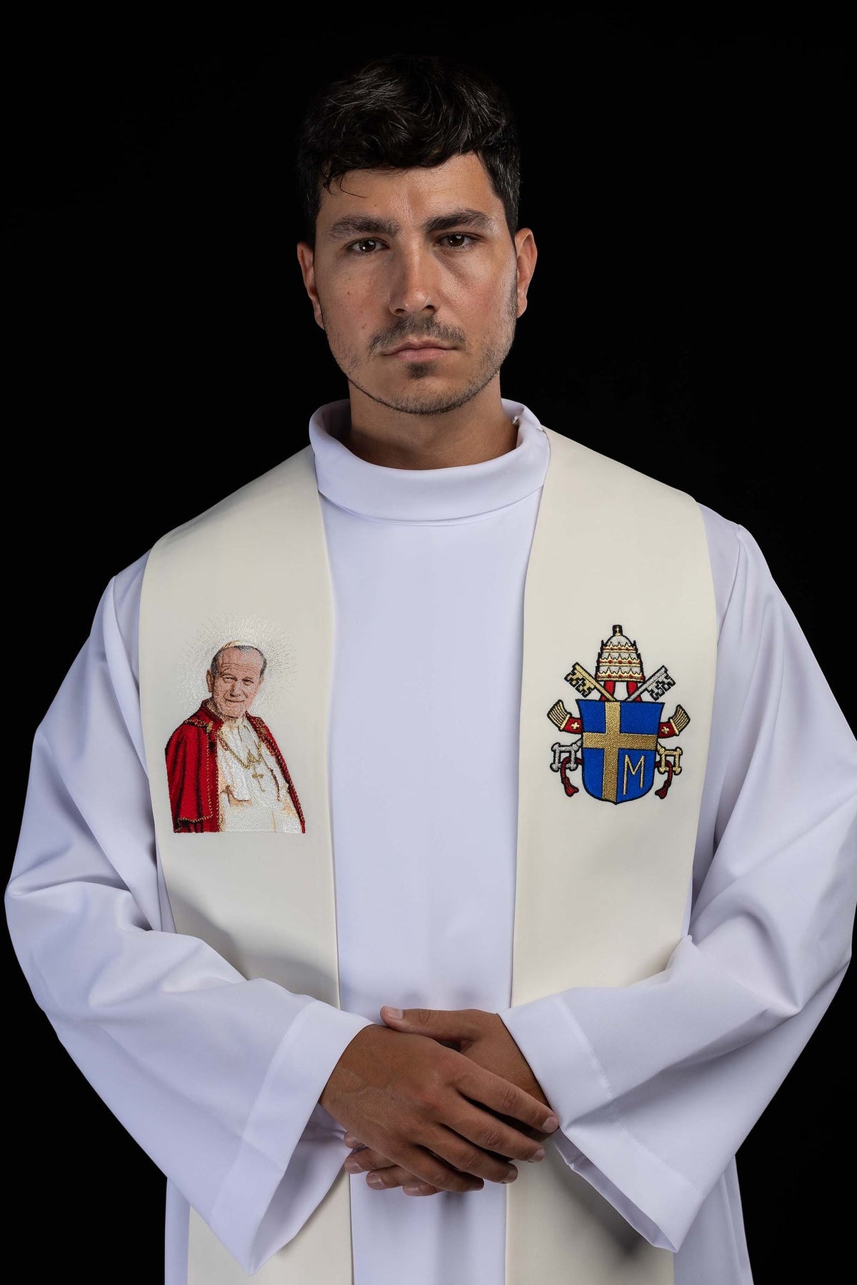Ecru Embroidered Catholic Stole with an Image of John Paul II