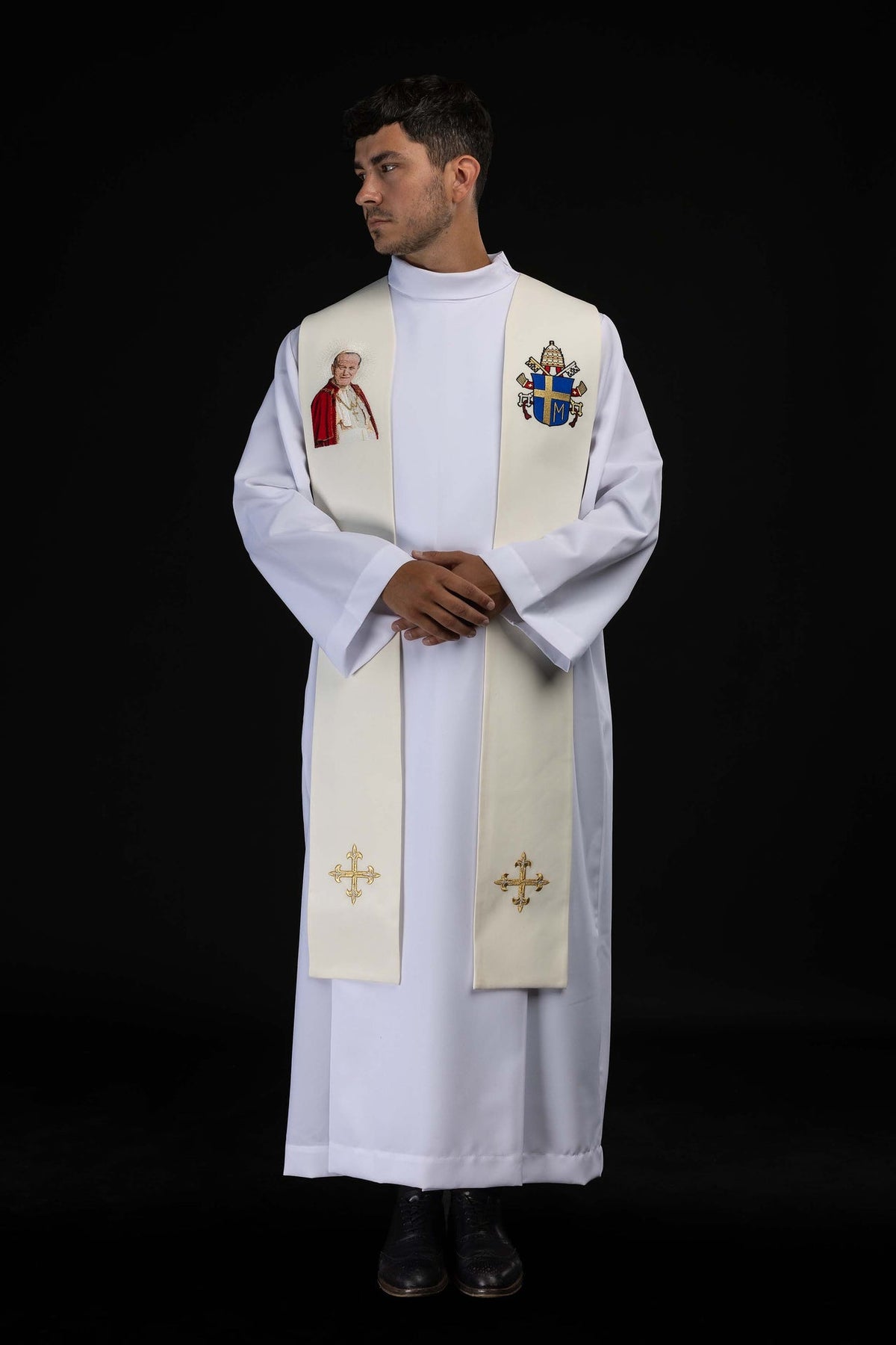 Ecru Embroidered Catholic Stole with an Image of John Paul II