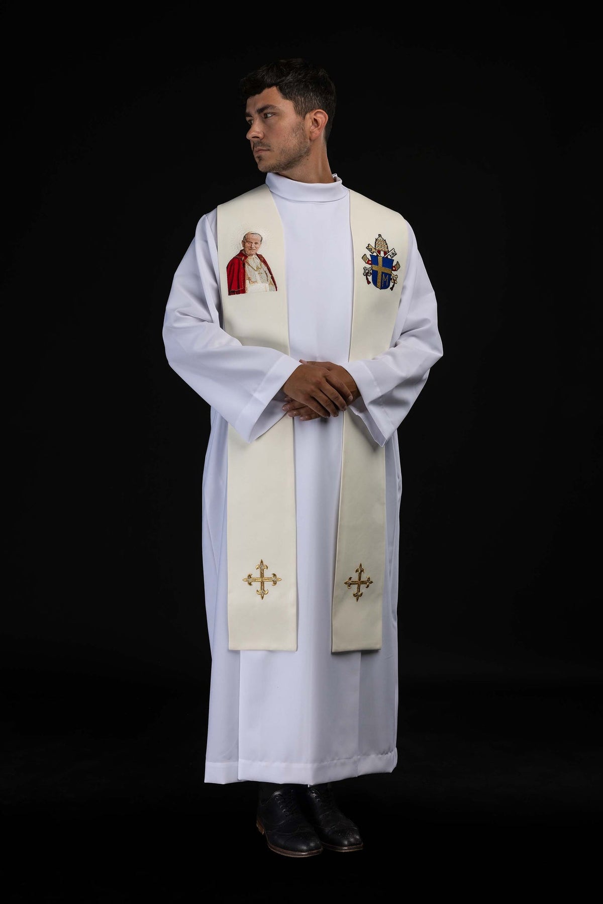 Ecru Embroidered Catholic Stole with an Image of John Paul II
