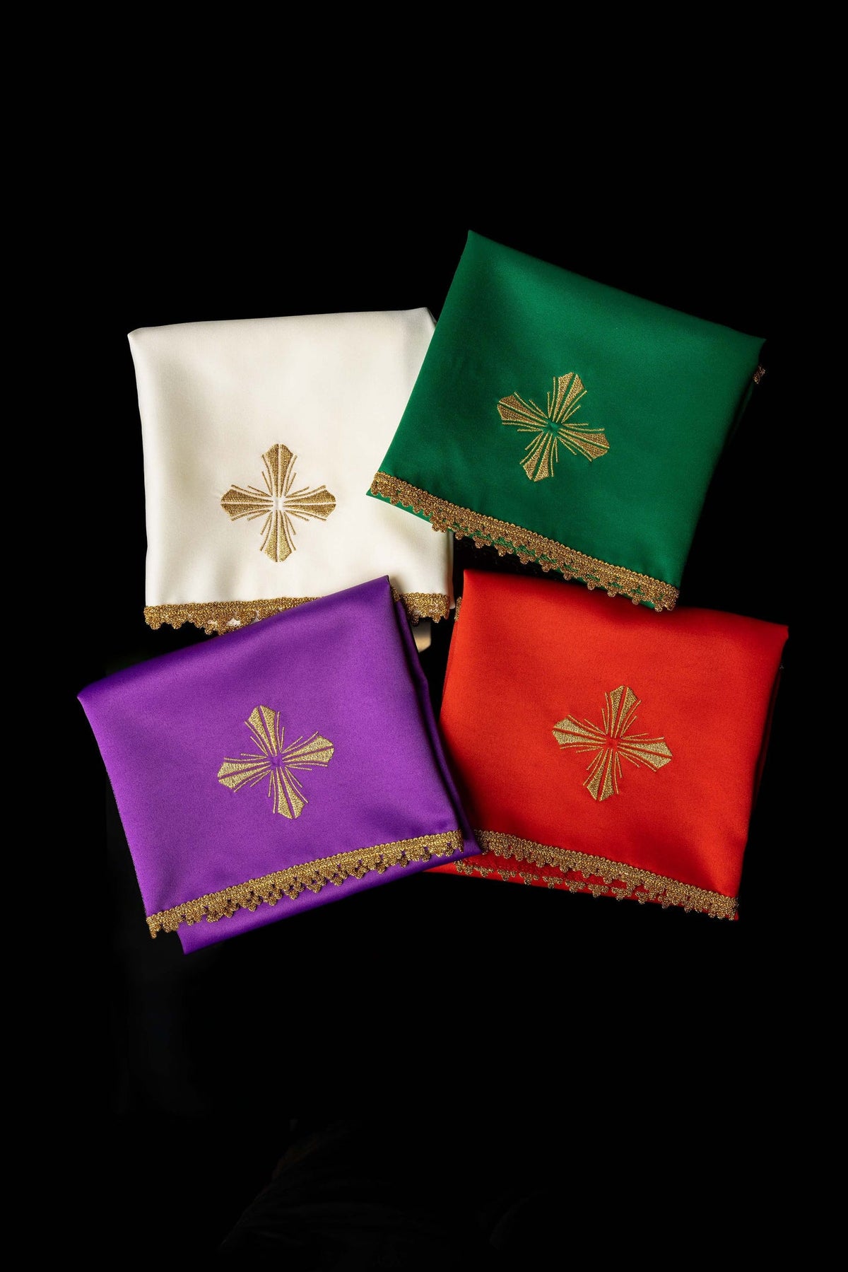 Set of Four Chalice Veils with an Embroidered Cross