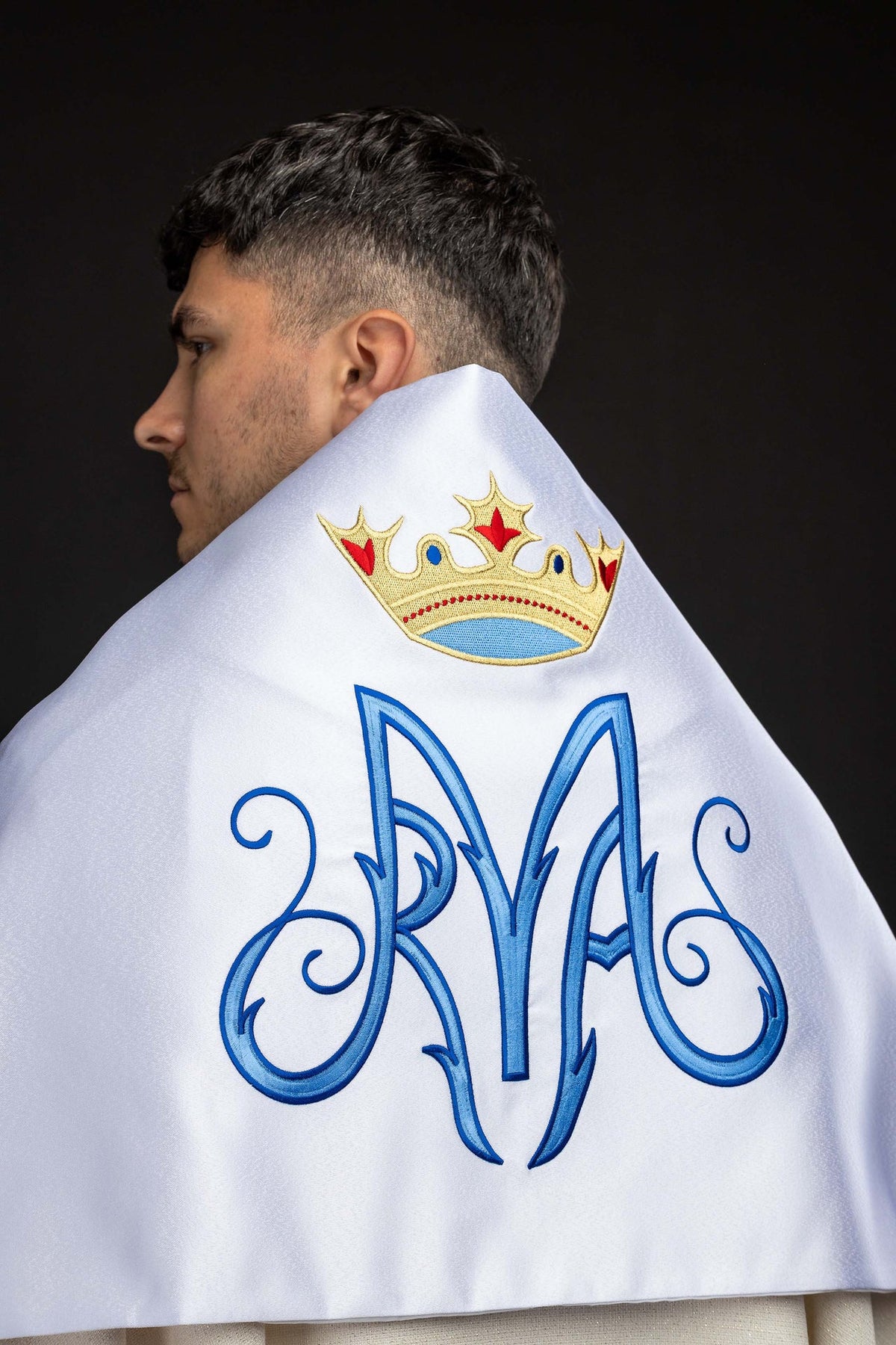 White Humeral Veil with Embroidered Marian Symbol