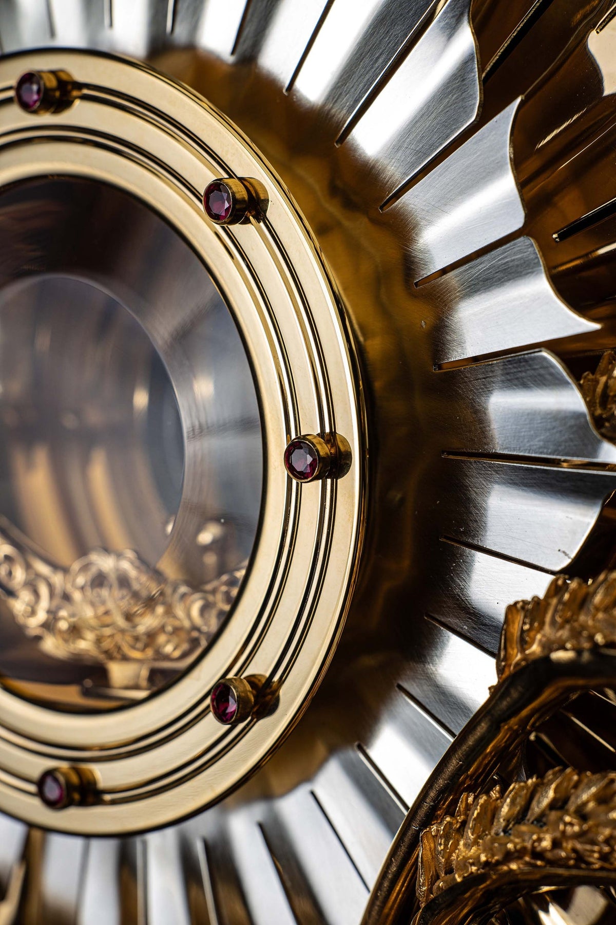 Handcrafted Gold-Plated Brass Monstrance with Ruby Decorations