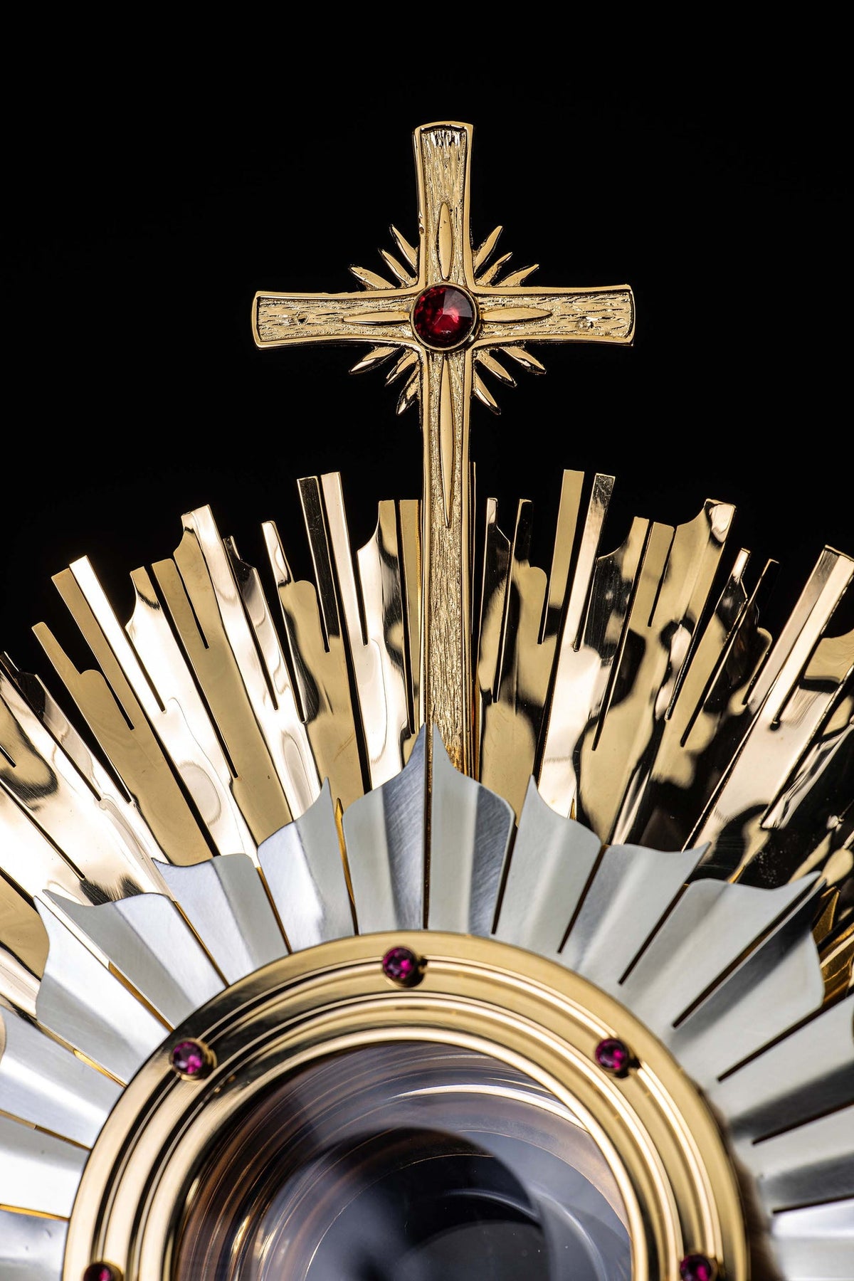 Handcrafted Gold-Plated Brass Monstrance with Ruby Decorations