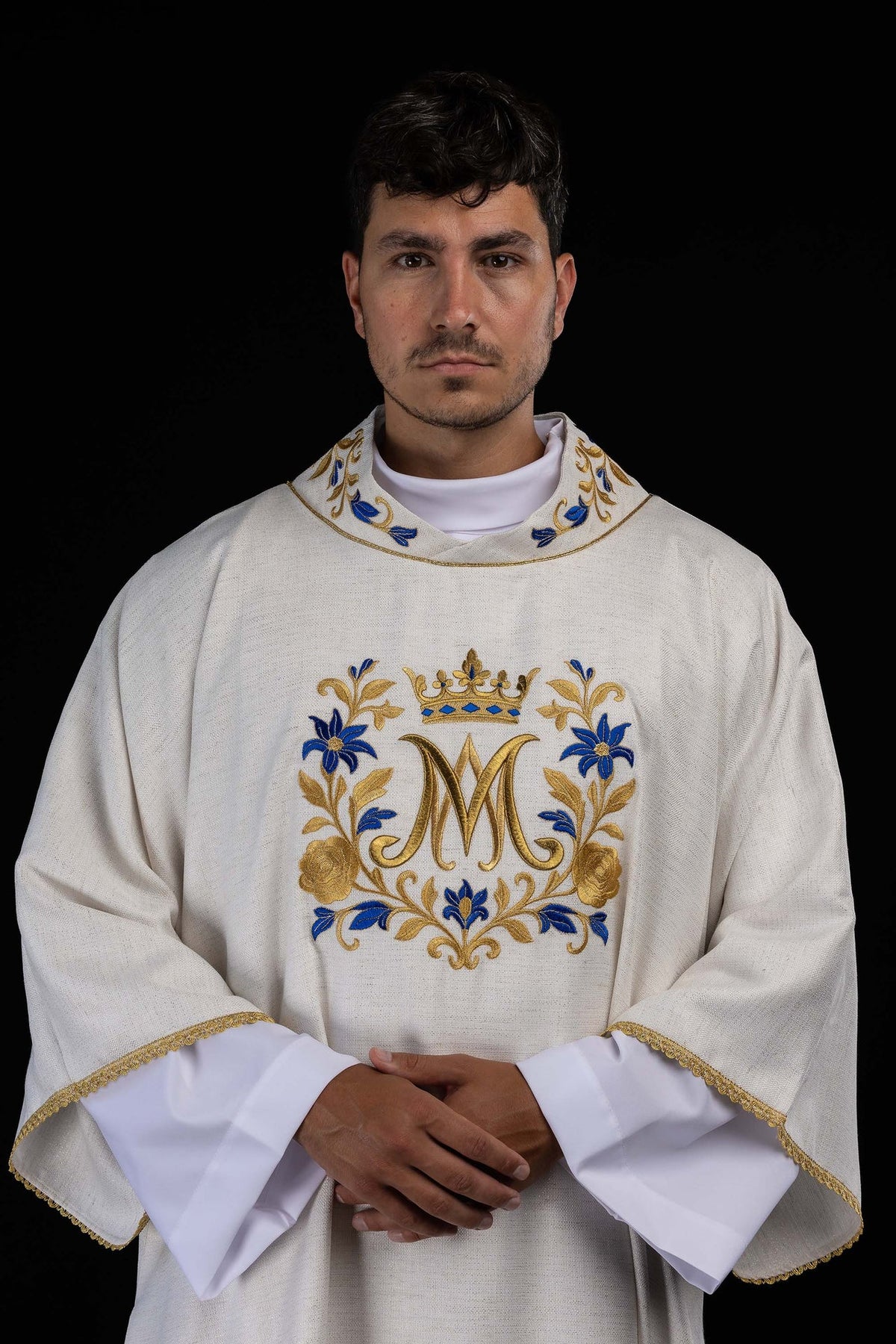 Embroidered Catholic Dalmatic with Marian Motif, Ecru