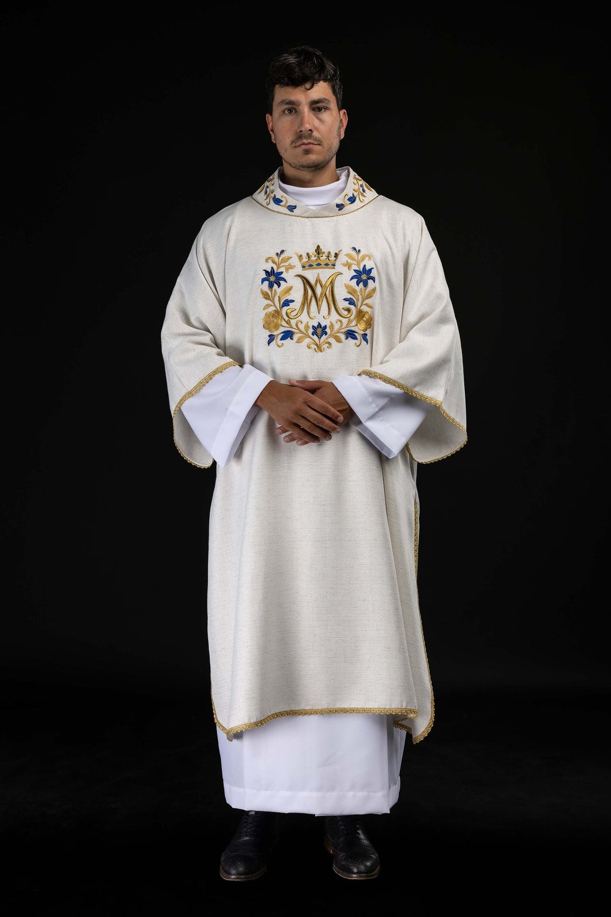 Embroidered Catholic Dalmatic with Marian Motif, Ecru