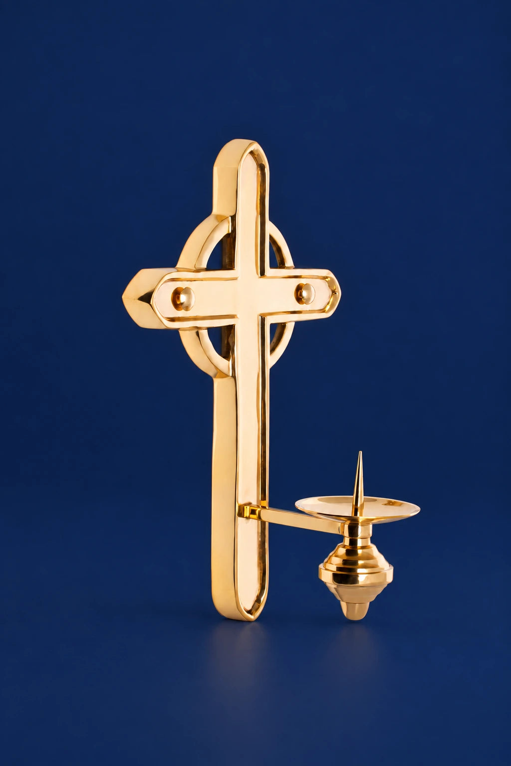 Gold-Finish Brass Consecration Cross, front view with rounded cross arms and attached candle holder