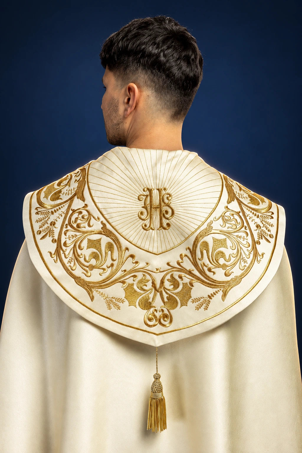 Back view of an ecru cope with gold IHS embroidery and ornate floral scrollwork on the hood and orphrey fringe
