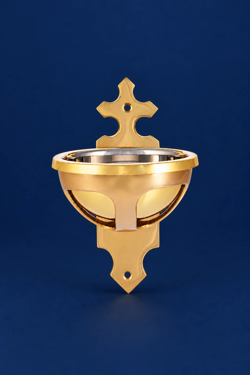 Brass holy water font with cross-shaped wall mount and rounded bowl, front view