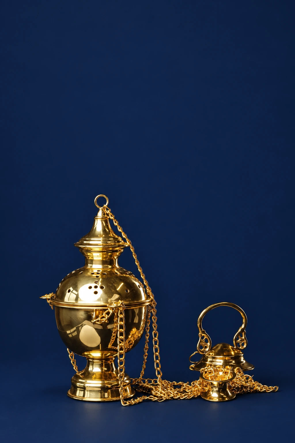 Brass Church Thurible, 9 in (23 cm), gold finish with chains and perforated bowl