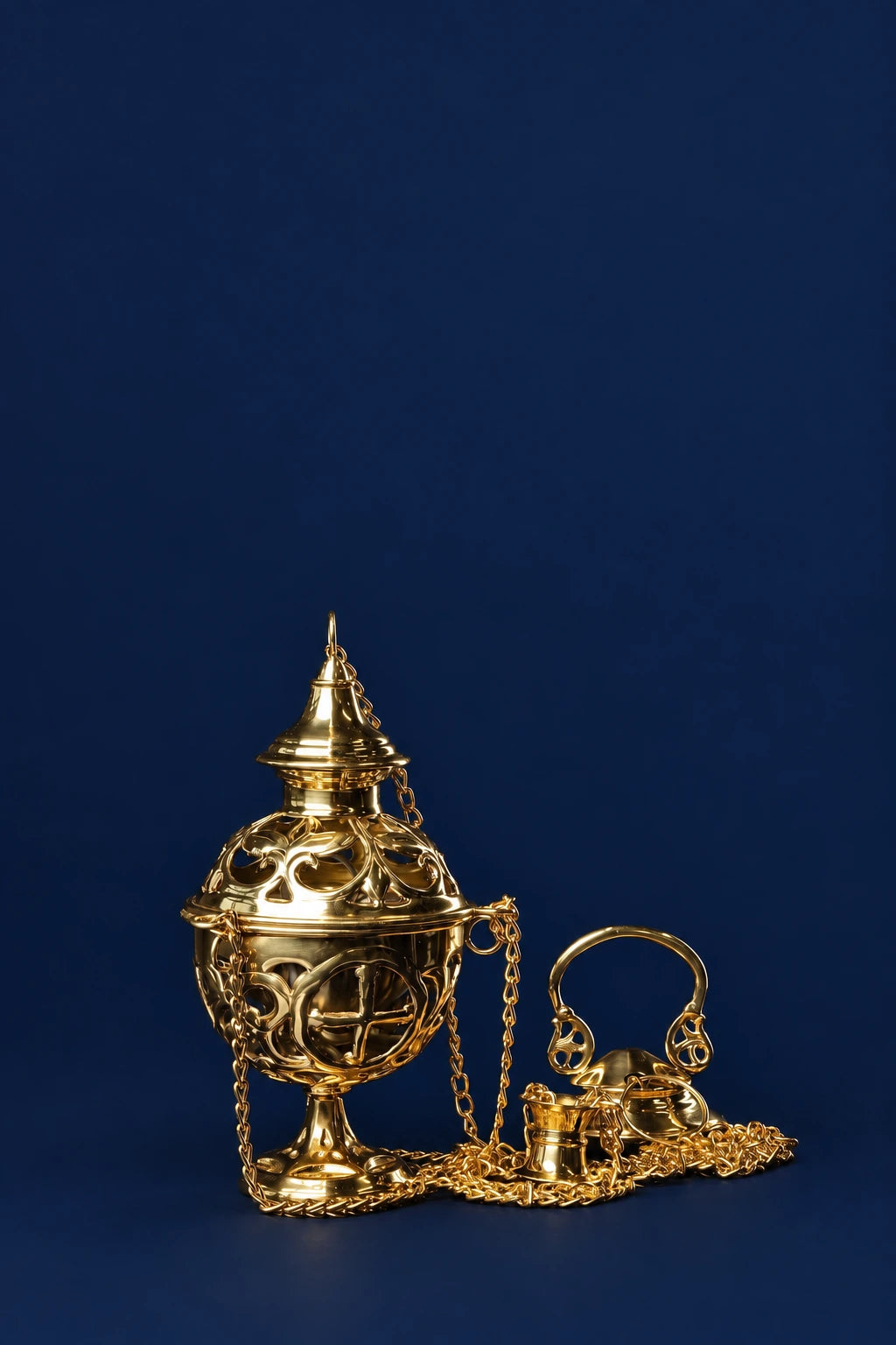Brass Thurible with Decorative Openwork Design, full front view with chains and cross motifs