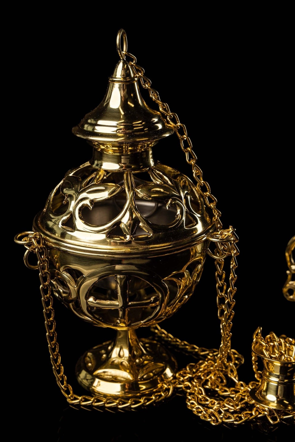 Brass thurible open bowl and detached lid with chains