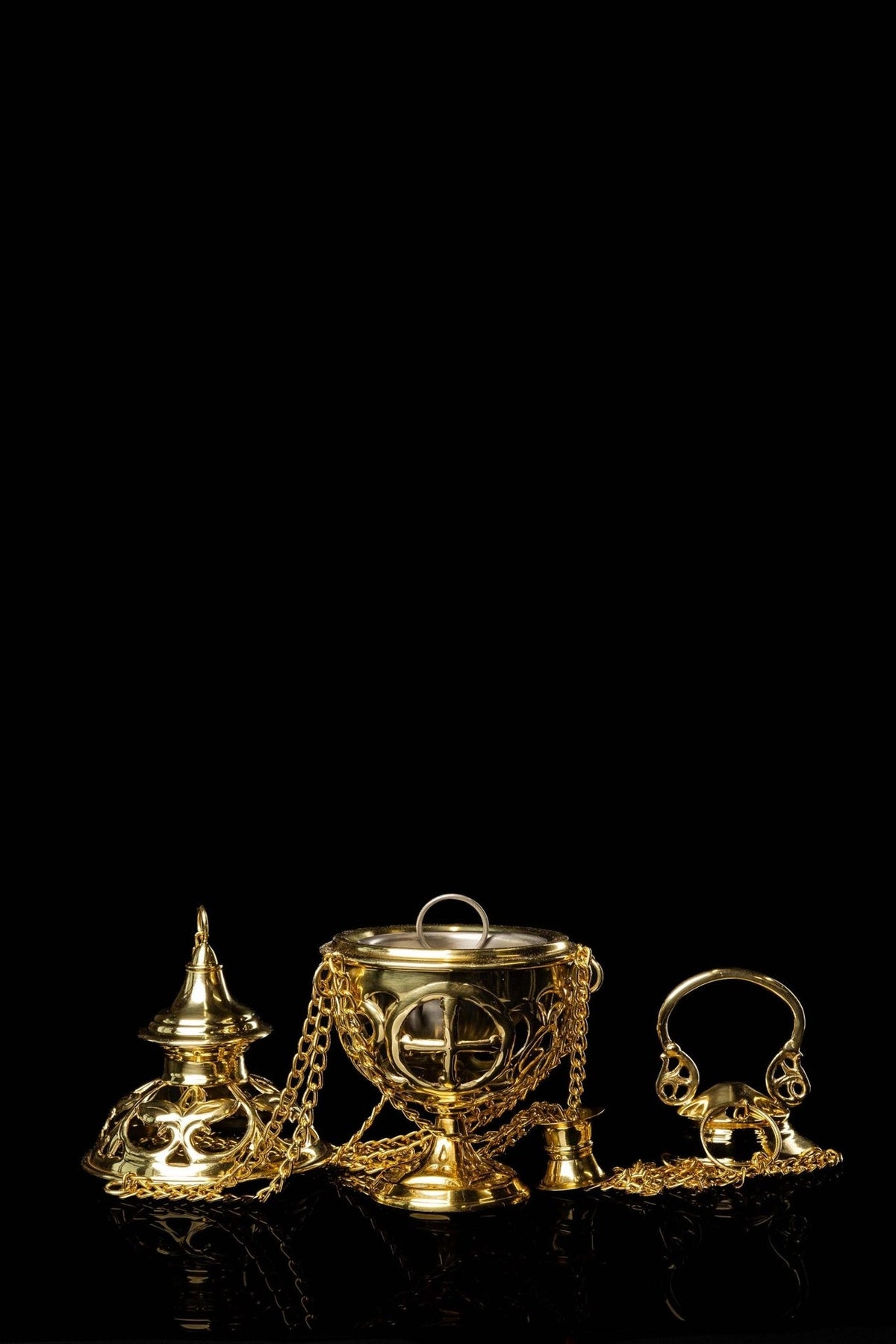 Brass thurible shown open with separate lid, bowl, chains and suspension ring