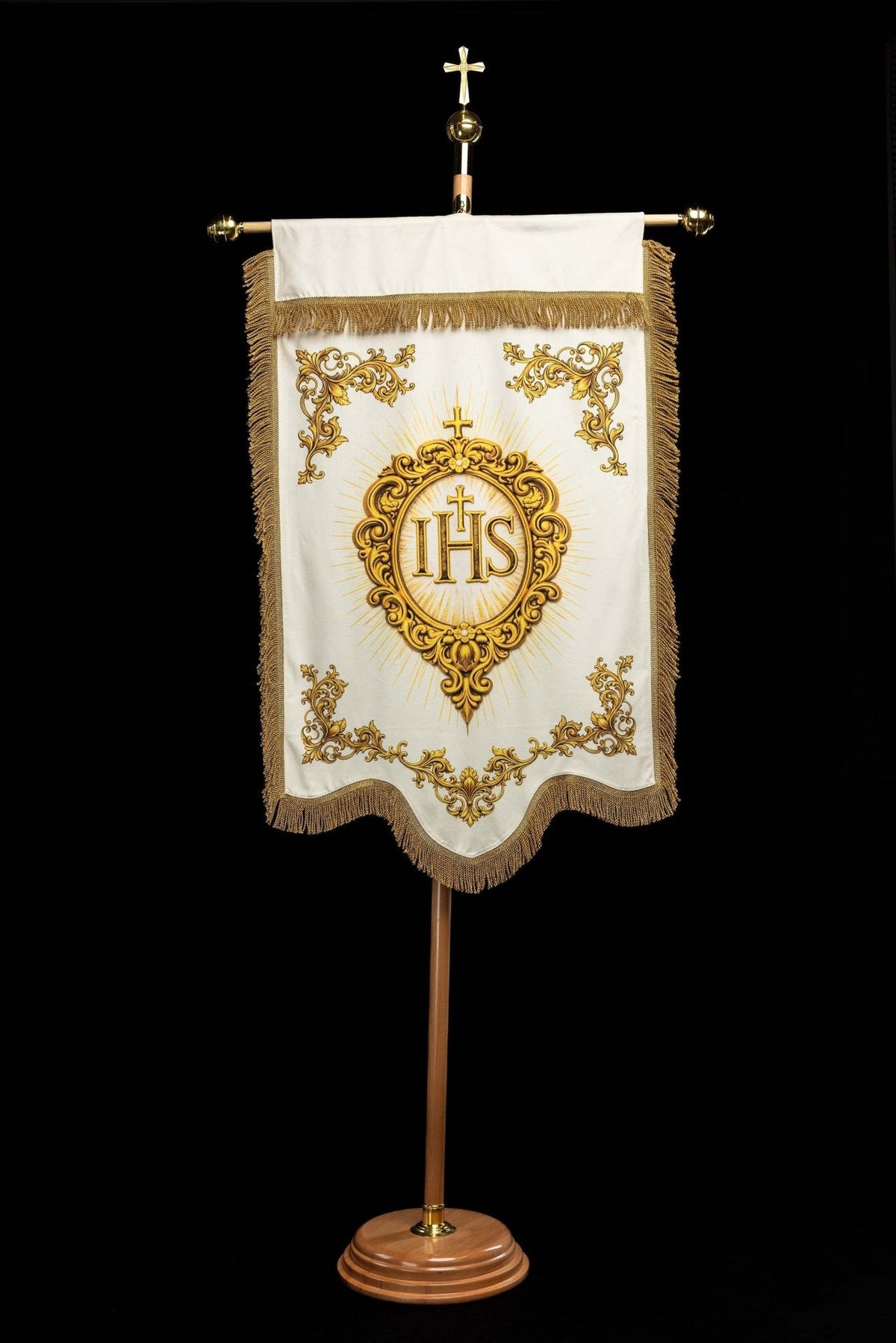 Church banner, reverse view with gold IHS design on white fabric