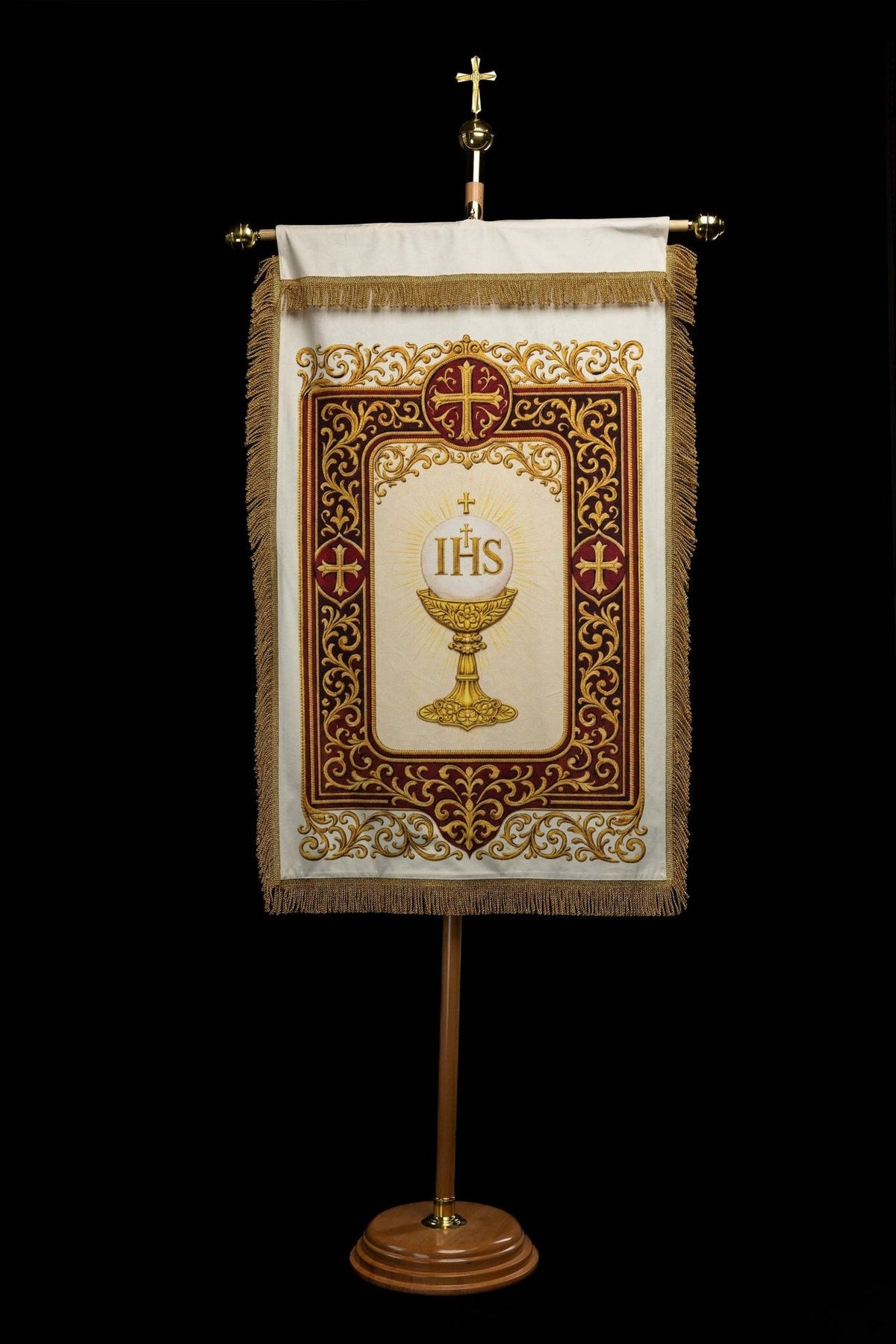 Church banner, reverse view with white panel, gold chalice and IHS design