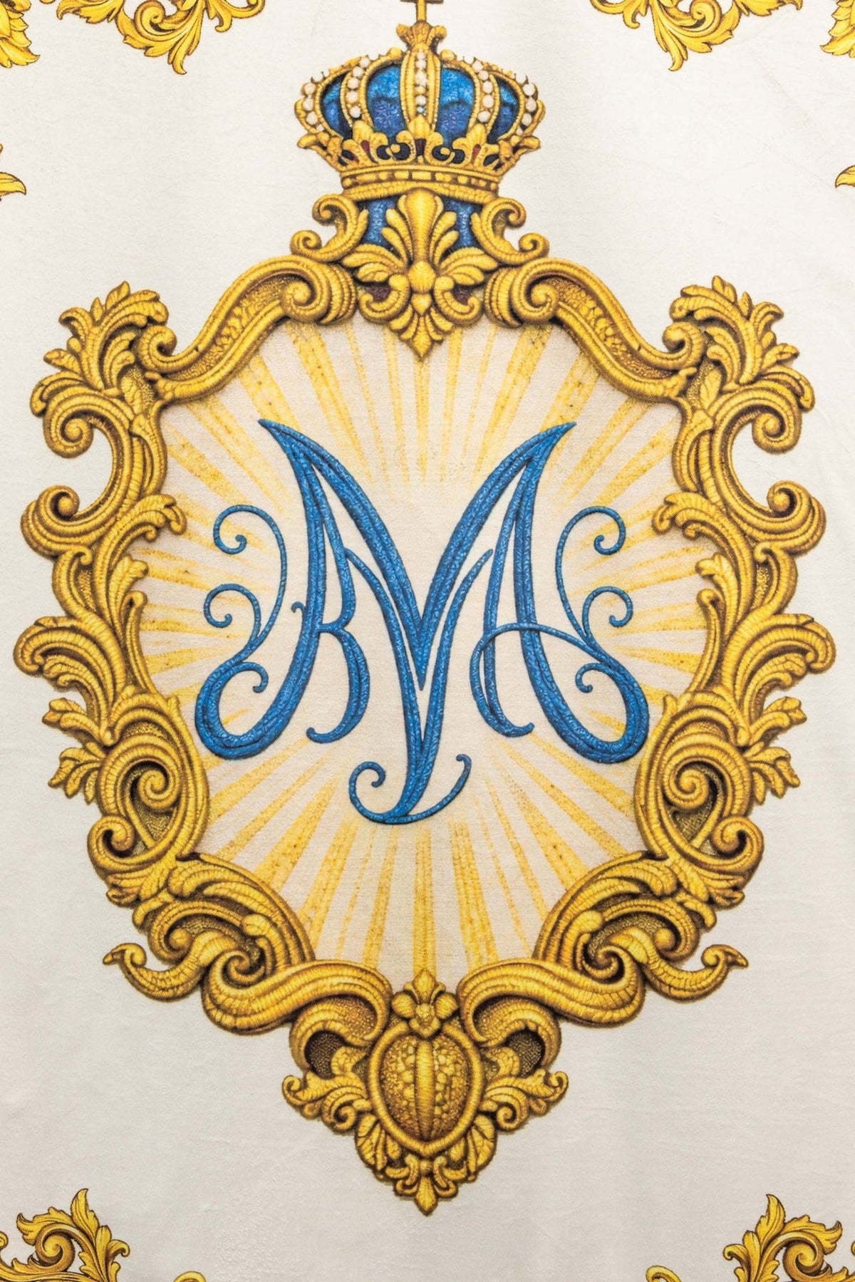 Church banner with Immaculate Heart of Mary monogram in blue and gold on white