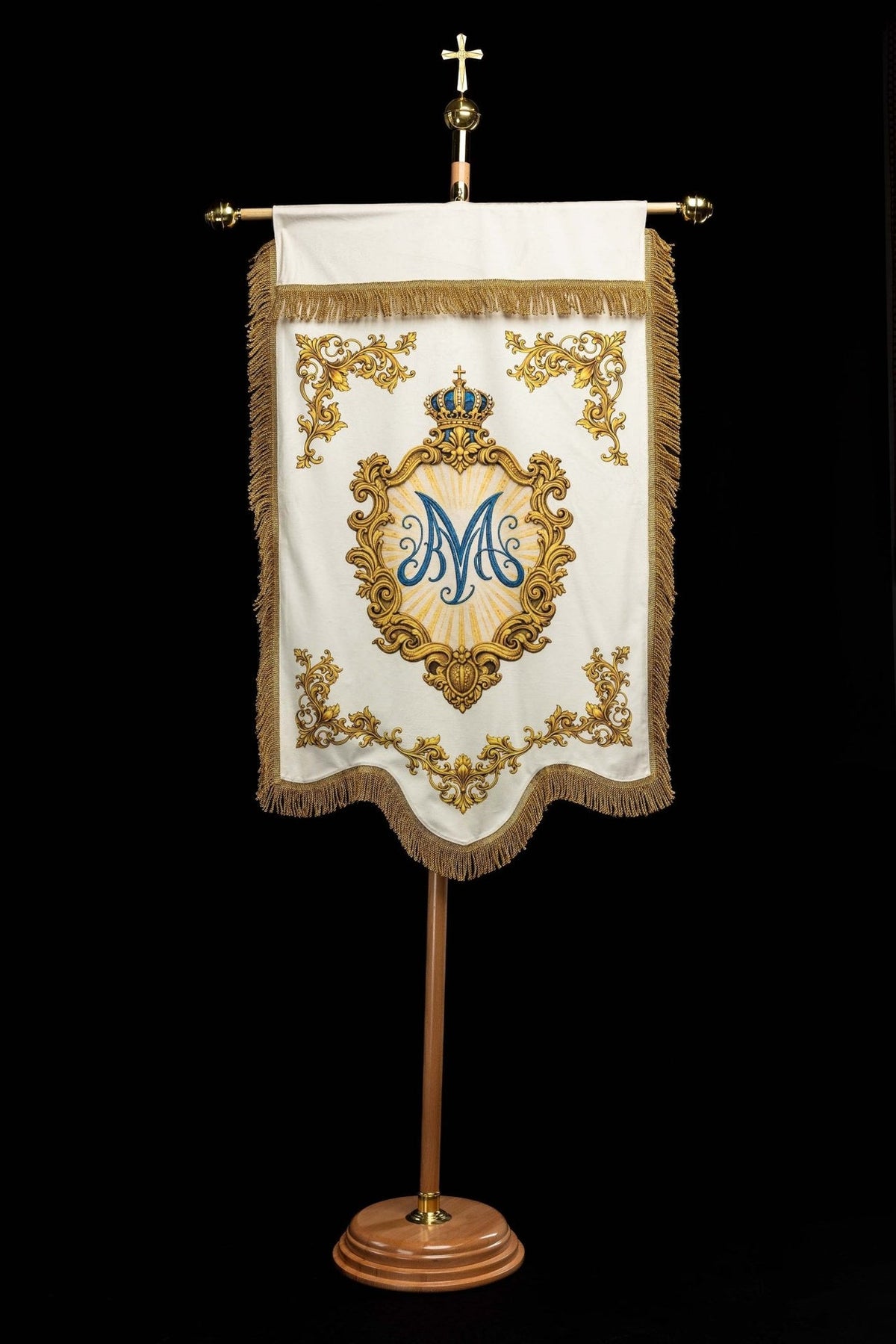 Church banner reverse in white with blue Marian monogram, gold crown and ornamental border