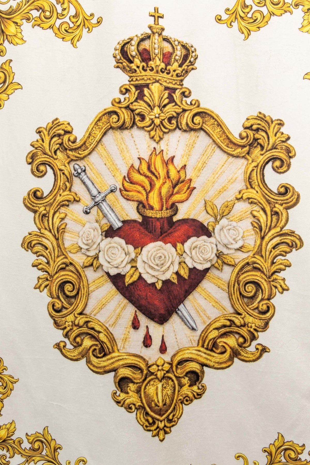 Immaculate Heart of Mary motif with crown, flame, sword, roses and gold scrollwork