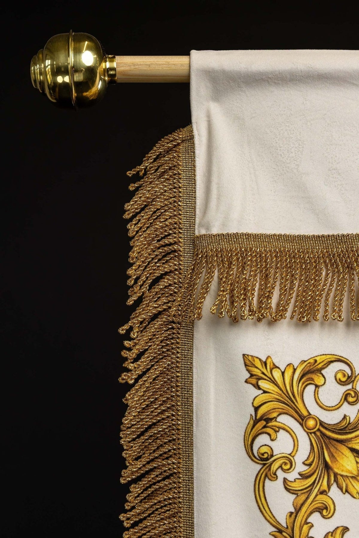 Church banner reverse detail with blue Marian monogram and gold border