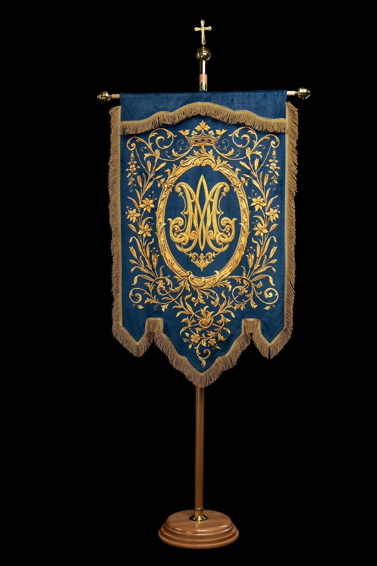 Church banner blue reverse with gold Marian monogram, floral motifs and fringe
