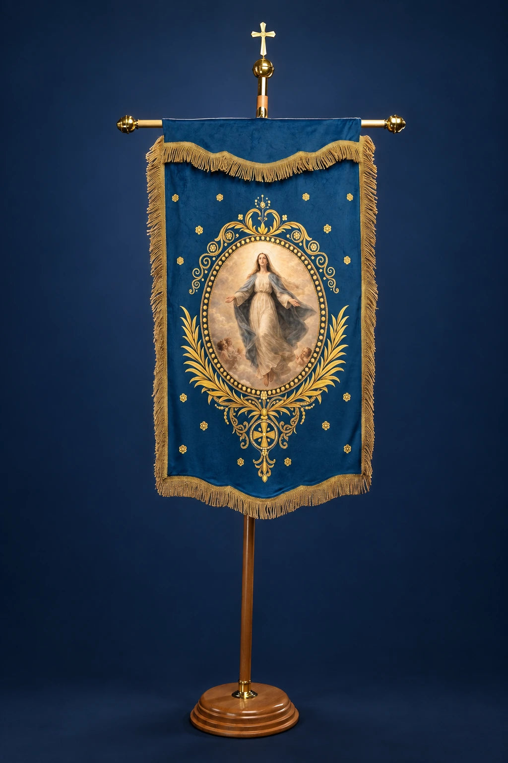 Double-Sided Printed Church Banner with Our Lady of the Assumption, blue front with Our Lady and gold motifs