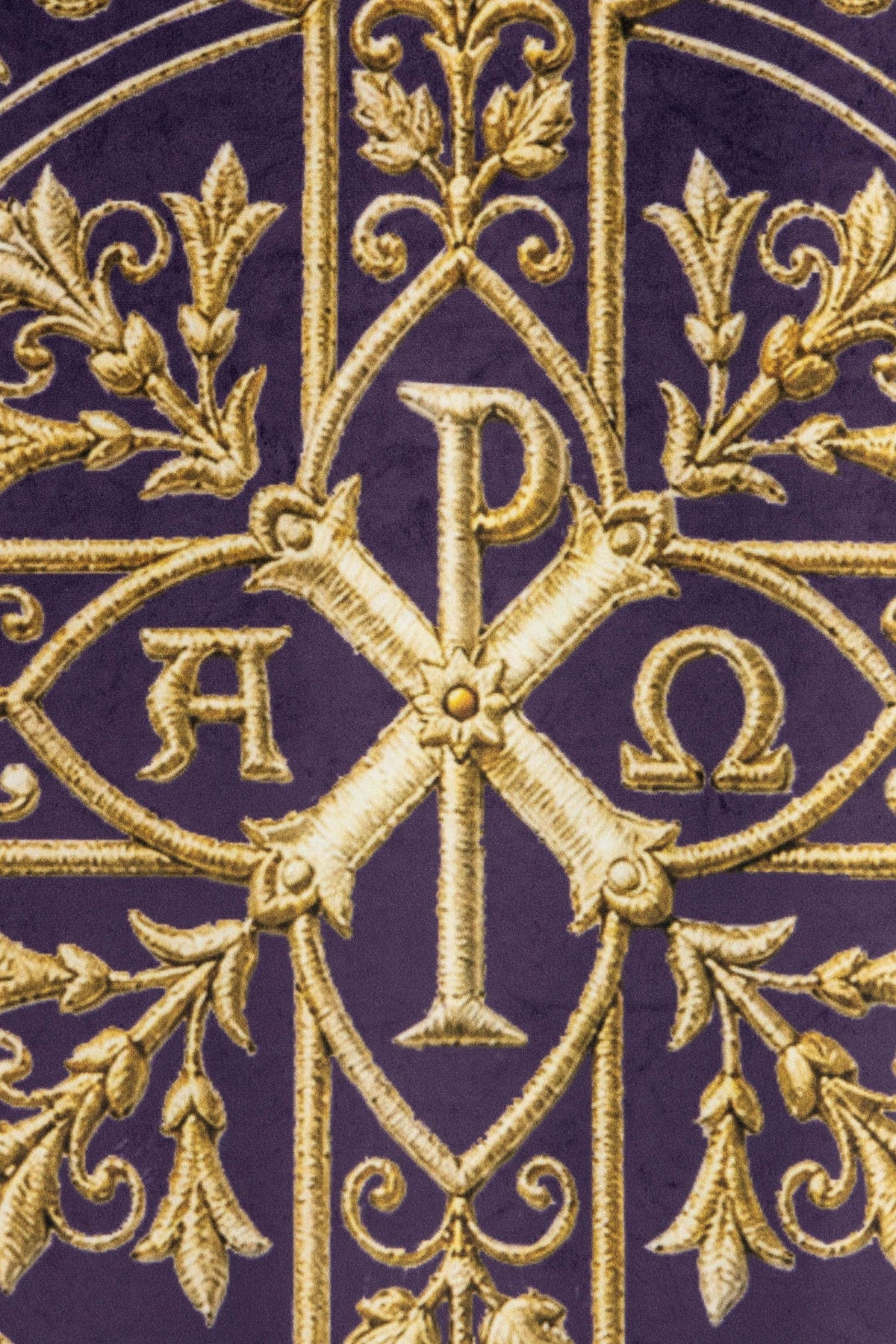 Close-up of church banner back showing gold Pax symbol and floral details