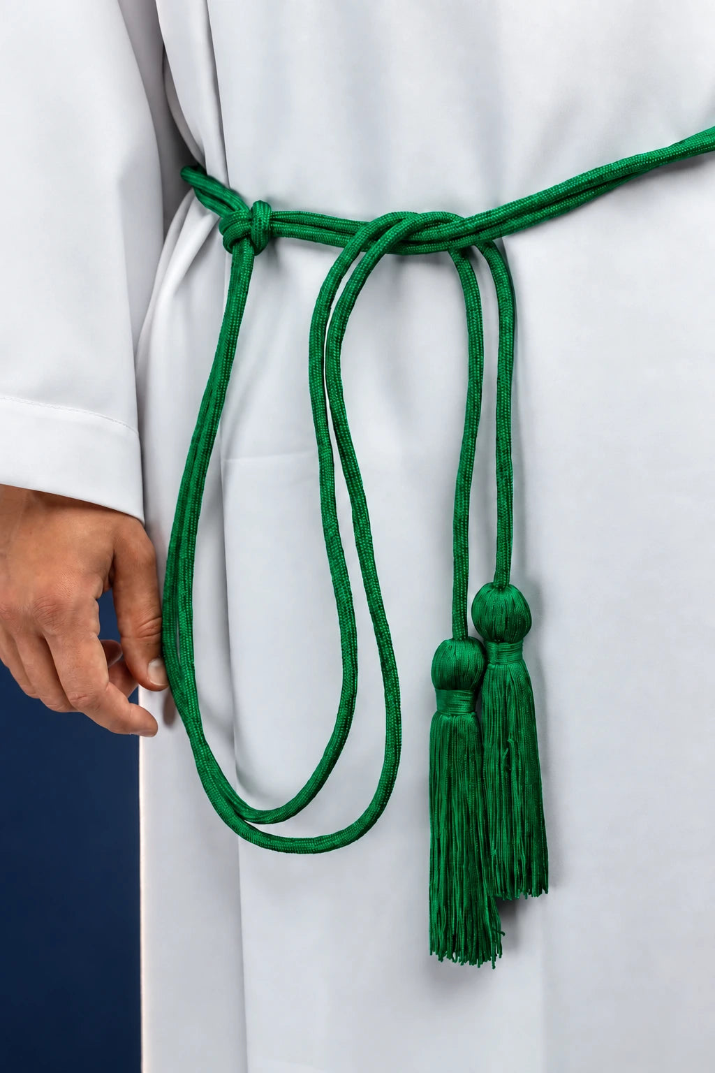 Green Liturgical Cincture with Decorative Tassels, front view with knotted cord and two green tassels
