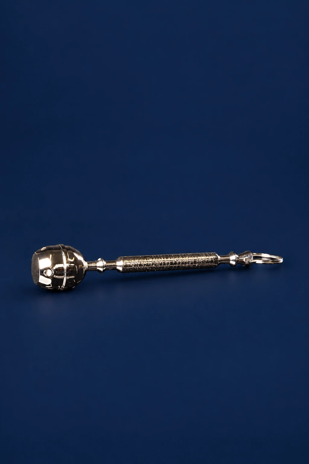 Metal Aspergillum with Head and Handle, full side view in polished silver metal