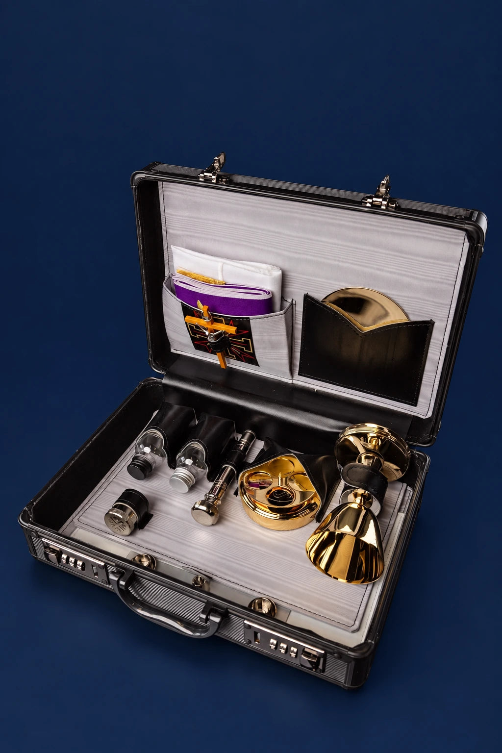 Economy Liturgical Equipment Case for Mass open with compartments holding liturgical vessels and accessories