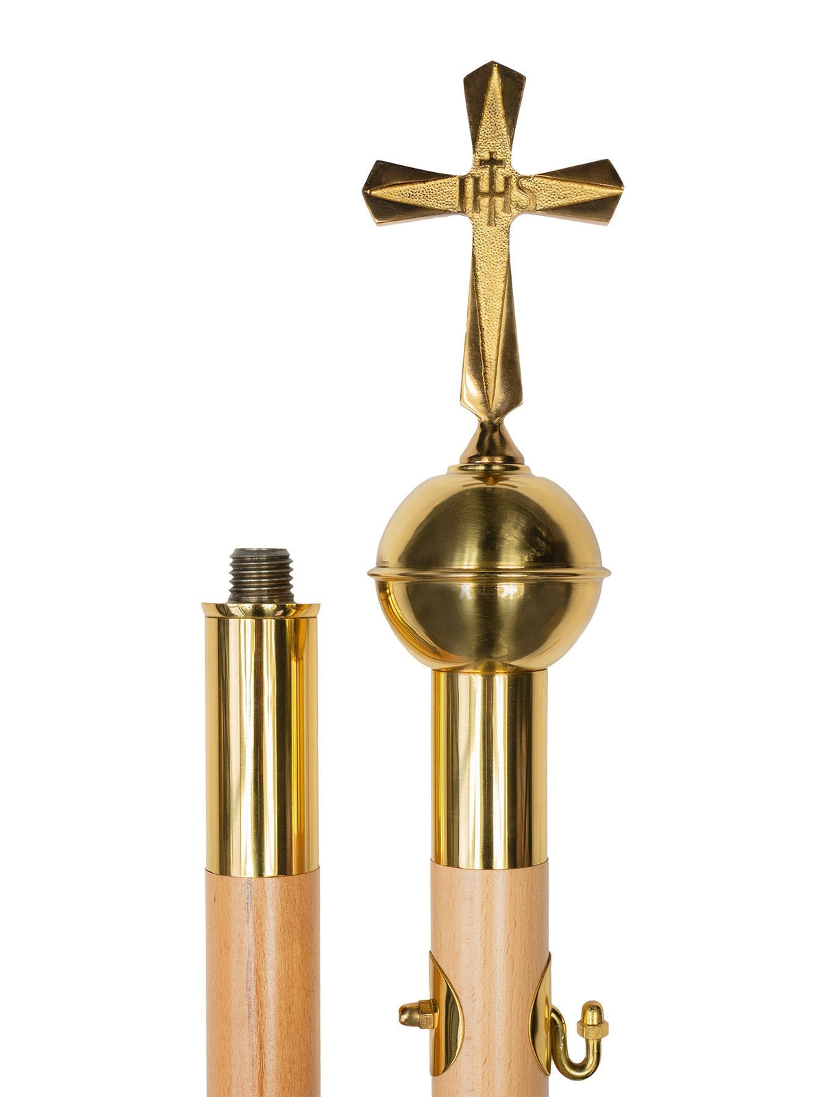 Canopy poles close-up showing gold-plated cross, orb finial, threaded section and hook