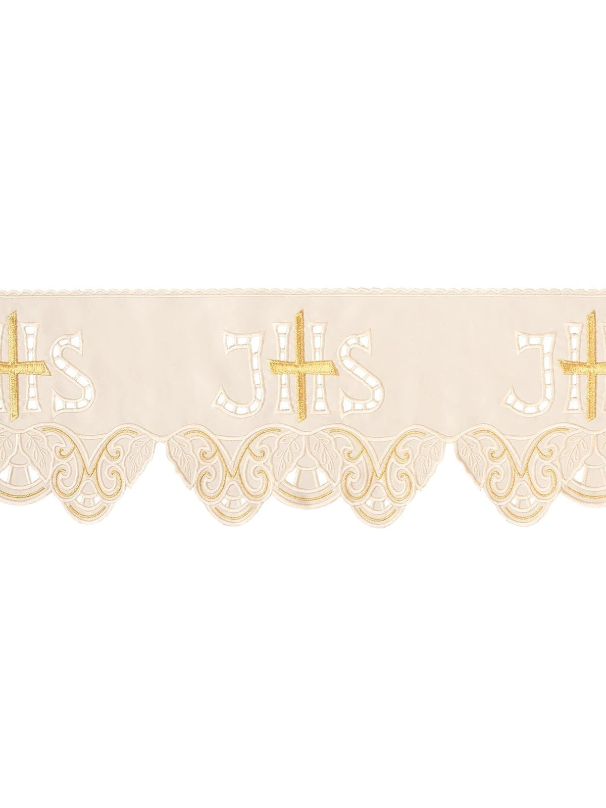 Ecru altar lace trim with repeated IHS cross embroidery and scalloped edge