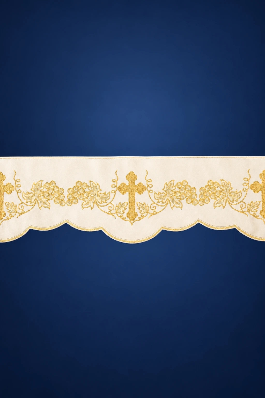 Ecru altar lace trim with scalloped edge, cross and grape vine embroidery