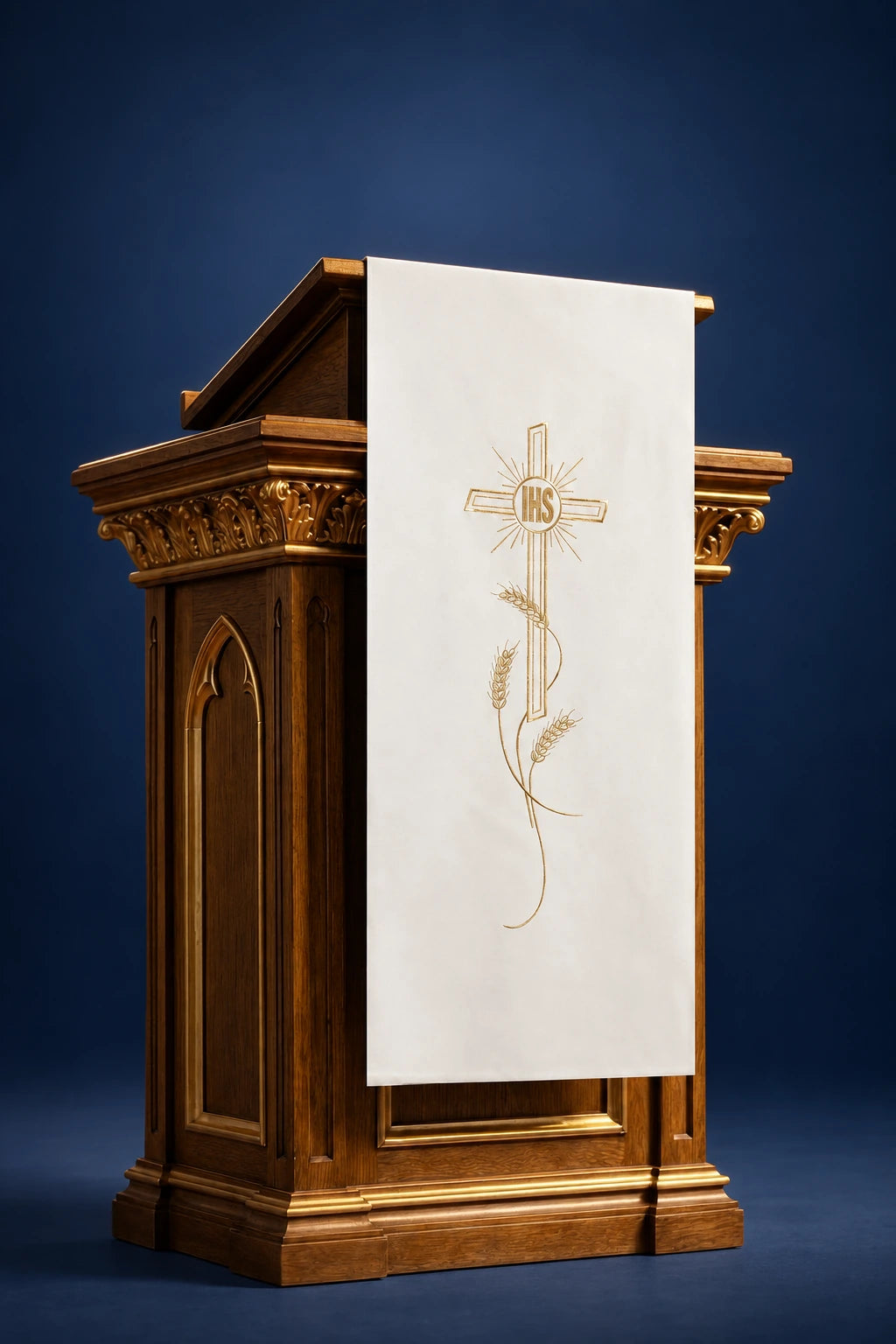 Ecru lectern cover with embroidered cross, fish, and wheat motif, hanging front view