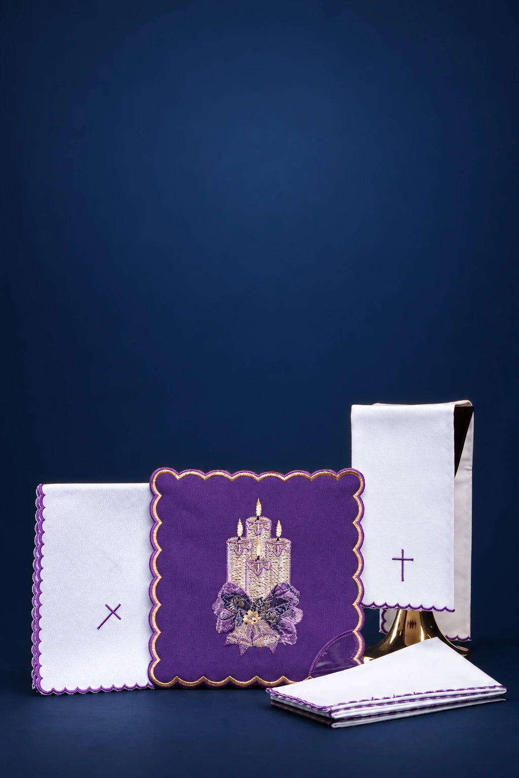 Embroidered Advent altar linen set with purple chalice pall and matching corporal, purificator, and pall cloths