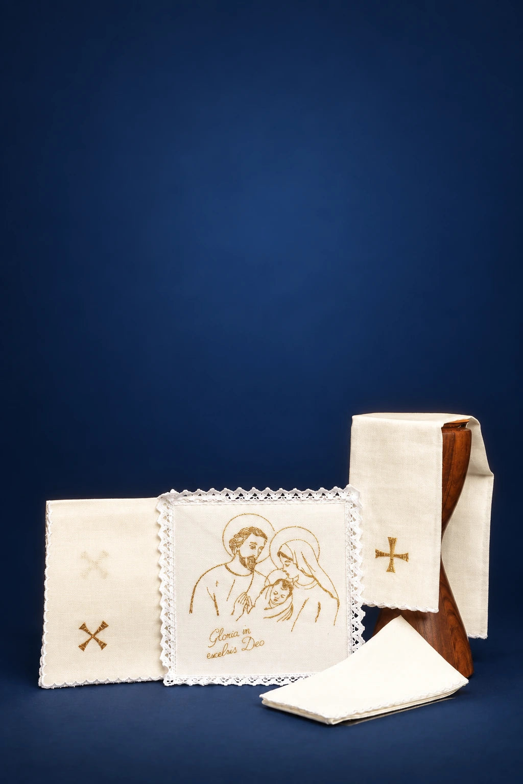 Embroidered altar linen set with chalice pall, purificator, corporal, and folded finger towel, each with gold cross or Holy