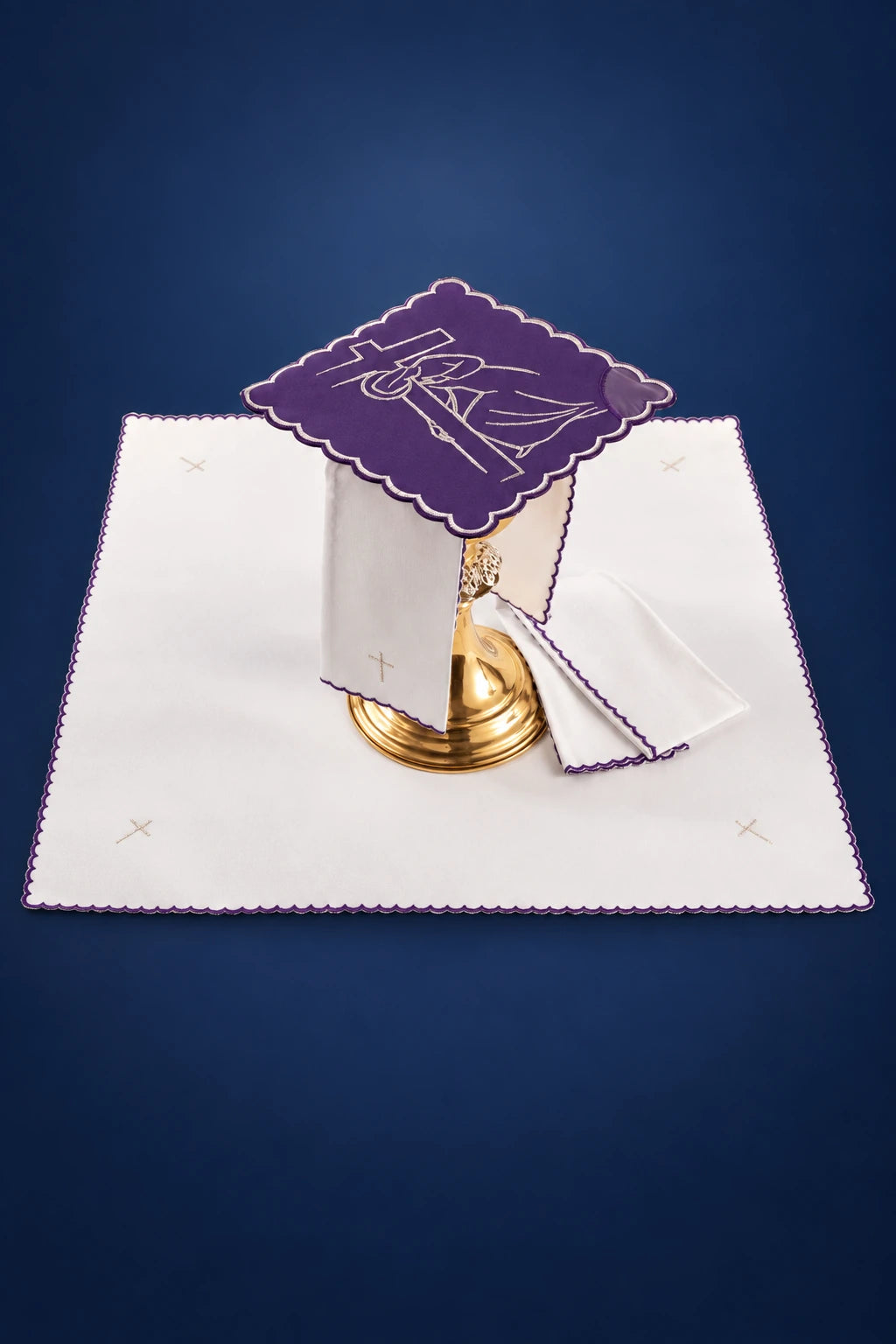 Embroidered altar linen set with purple Stations of the Cross motifs and cross details