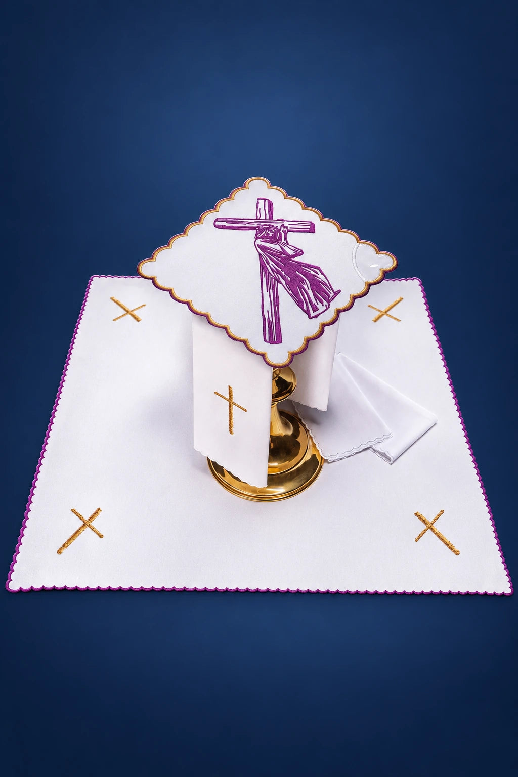 Embroidered altar linen set with purple Stations of the Cross cross and gold crosses on white linens