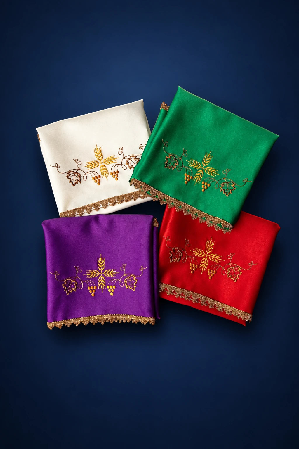 Four folded chalice veils in white, green, purple, and red with Eucharistic embroidery and gold trim