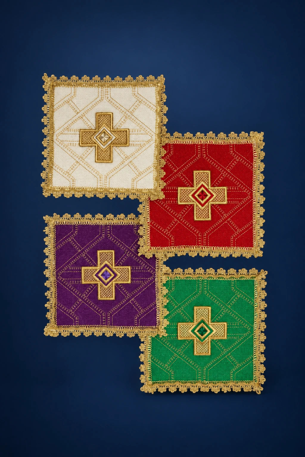 Four square chalice palls in white, red, purple, and green with gold cross embroidery and lace edging
