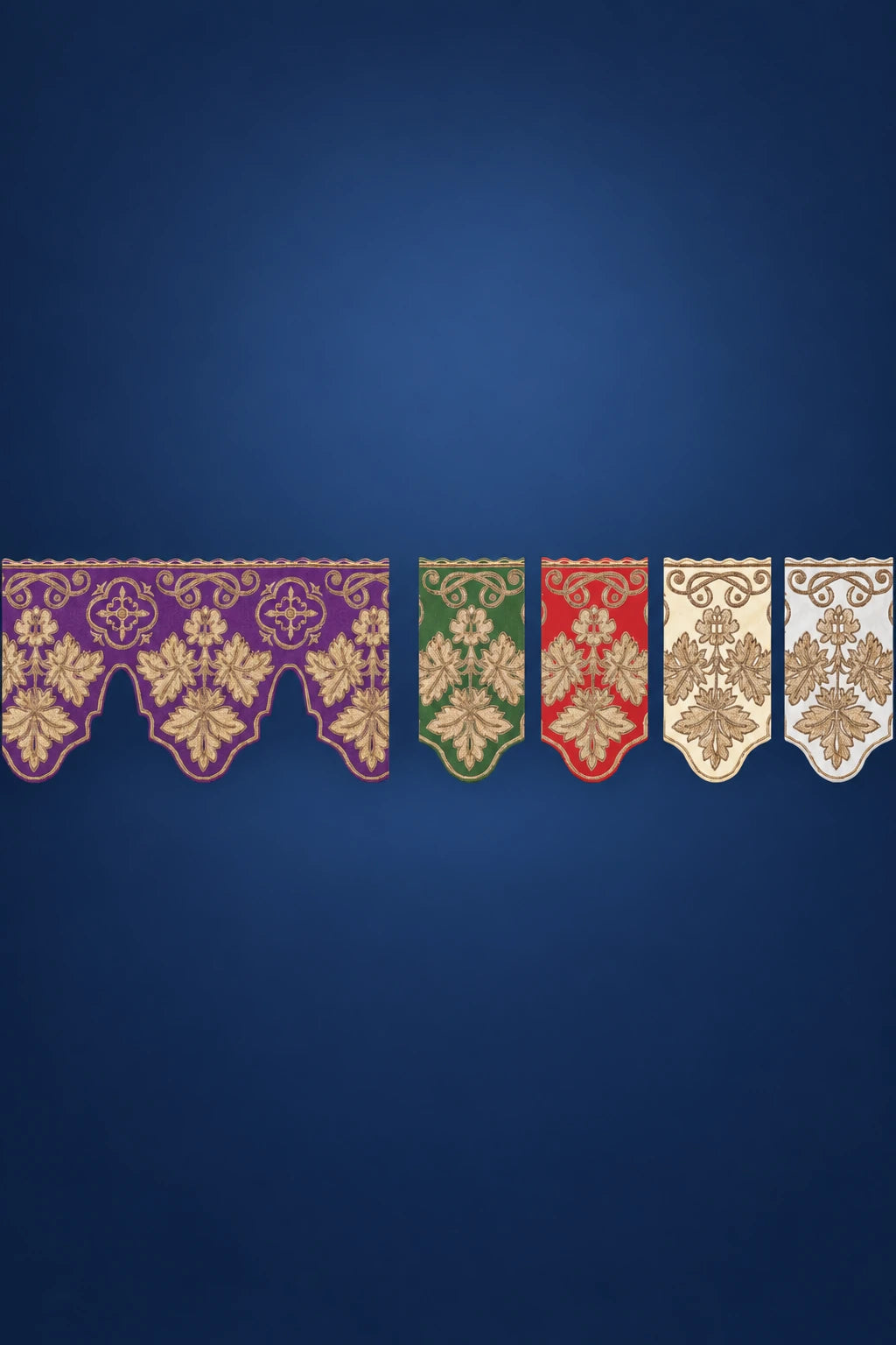 Front view of altar lace trim with scalloped edge and cross embroidery in purple, green, red, cream, and gold