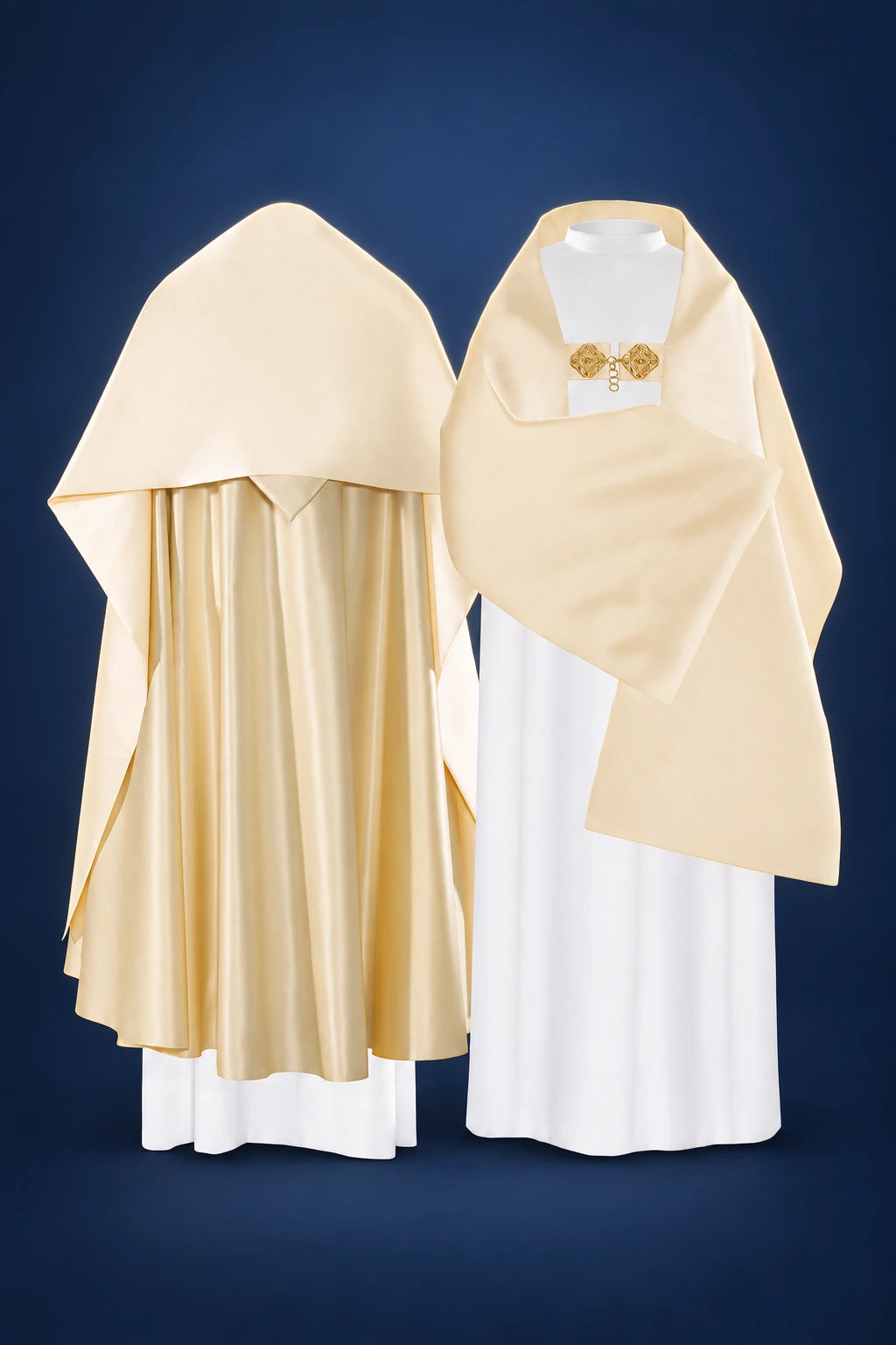 Front and back views of a smooth ecru veil with a wide hood and flowing drape